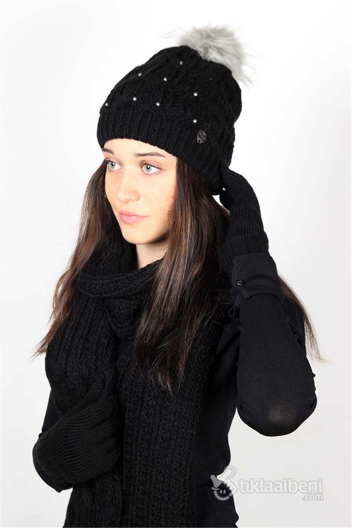 Bayan Atkı Bere Eldiven Üçlü Set, Taş Detaylı - Siyah