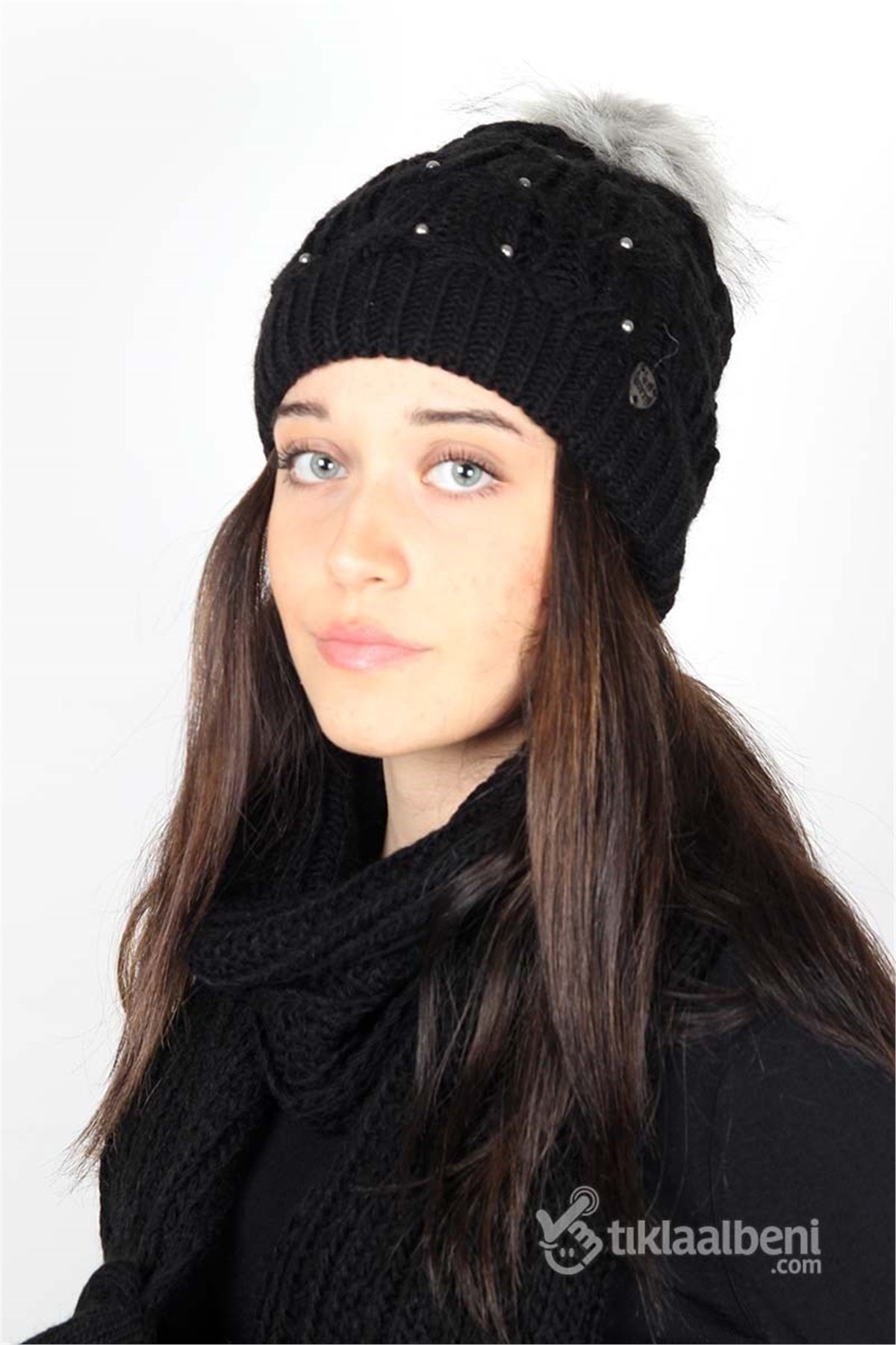 Bayan Atkı Bere Eldiven Üçlü Set, Taş Detaylı - Siyah