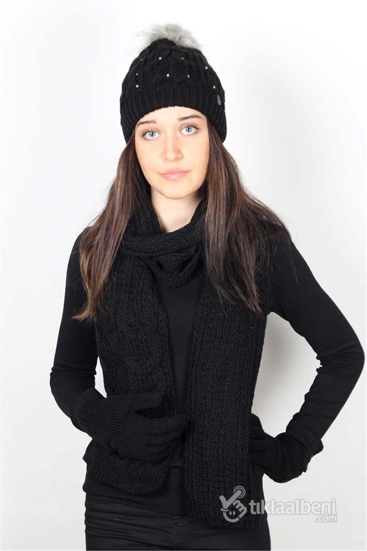 Bayan Atkı Bere Eldiven Üçlü Set, Taş Detaylı - Siyah