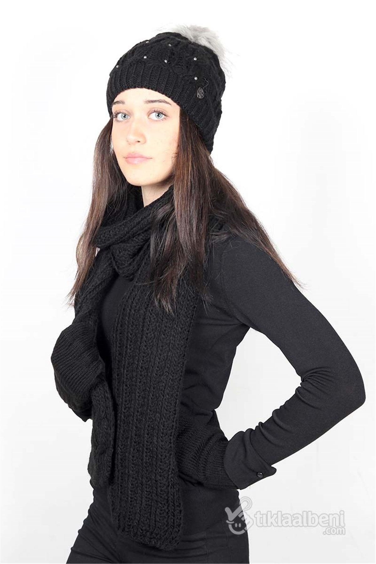 Bayan Atkı Bere Eldiven Üçlü Set, Taş Detaylı - Siyah