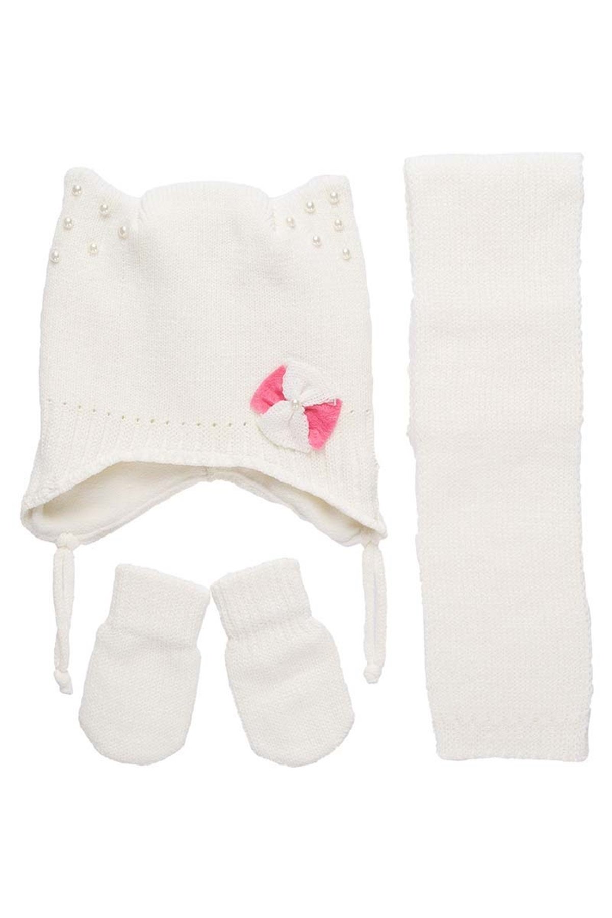 Bebek Atkı Bere Eldiven Takımı - Beyaz - K9900