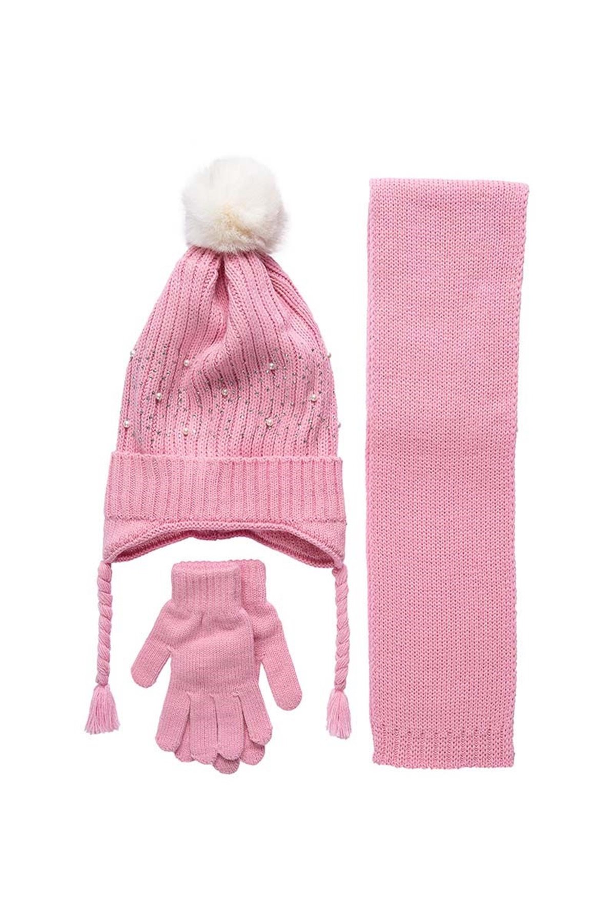 Bella 4-8 Yaş Kız Çocuk Atkı Bere Eldiven Takımı Pembe - K9940