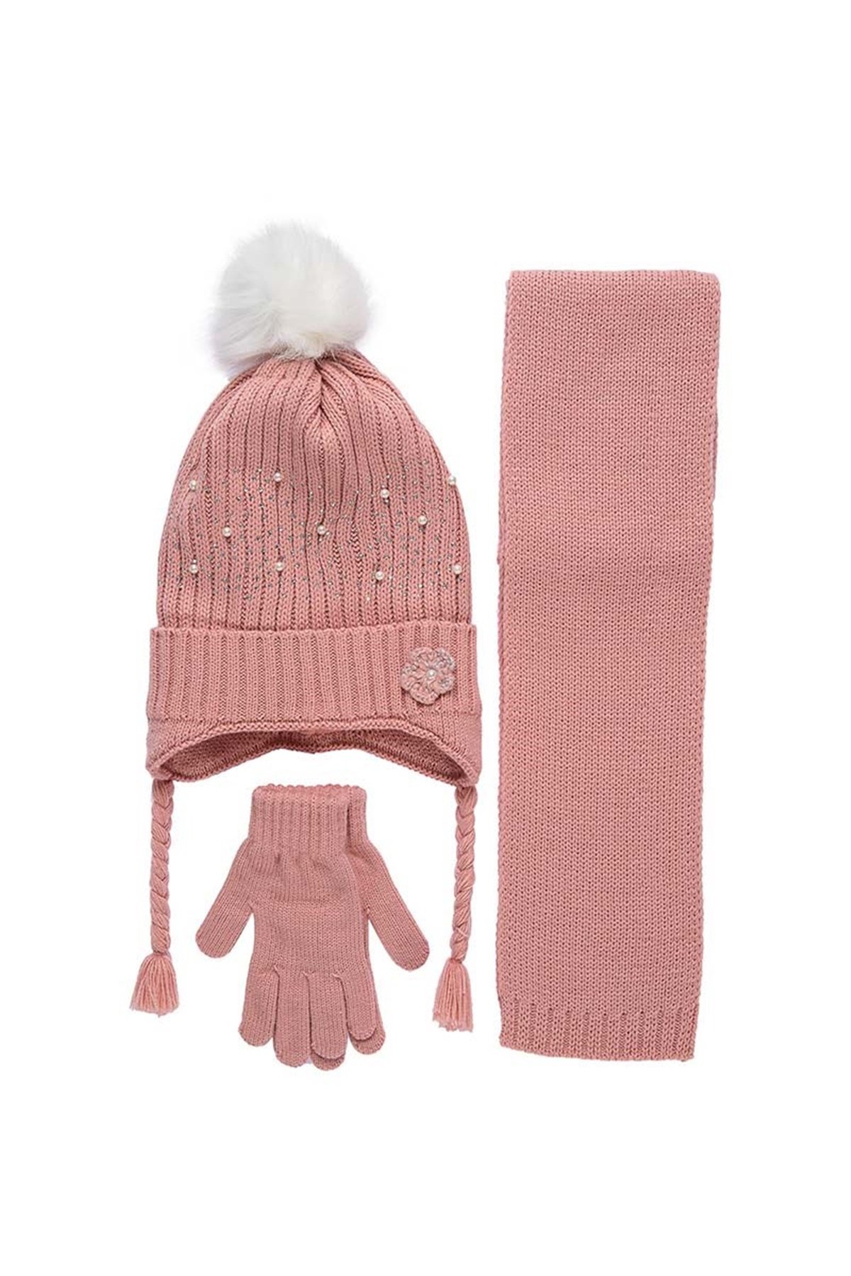 Bella 4-8 Yaş Kız Çocuk Atkı Bere Eldiven Takımı Pudra - K9940