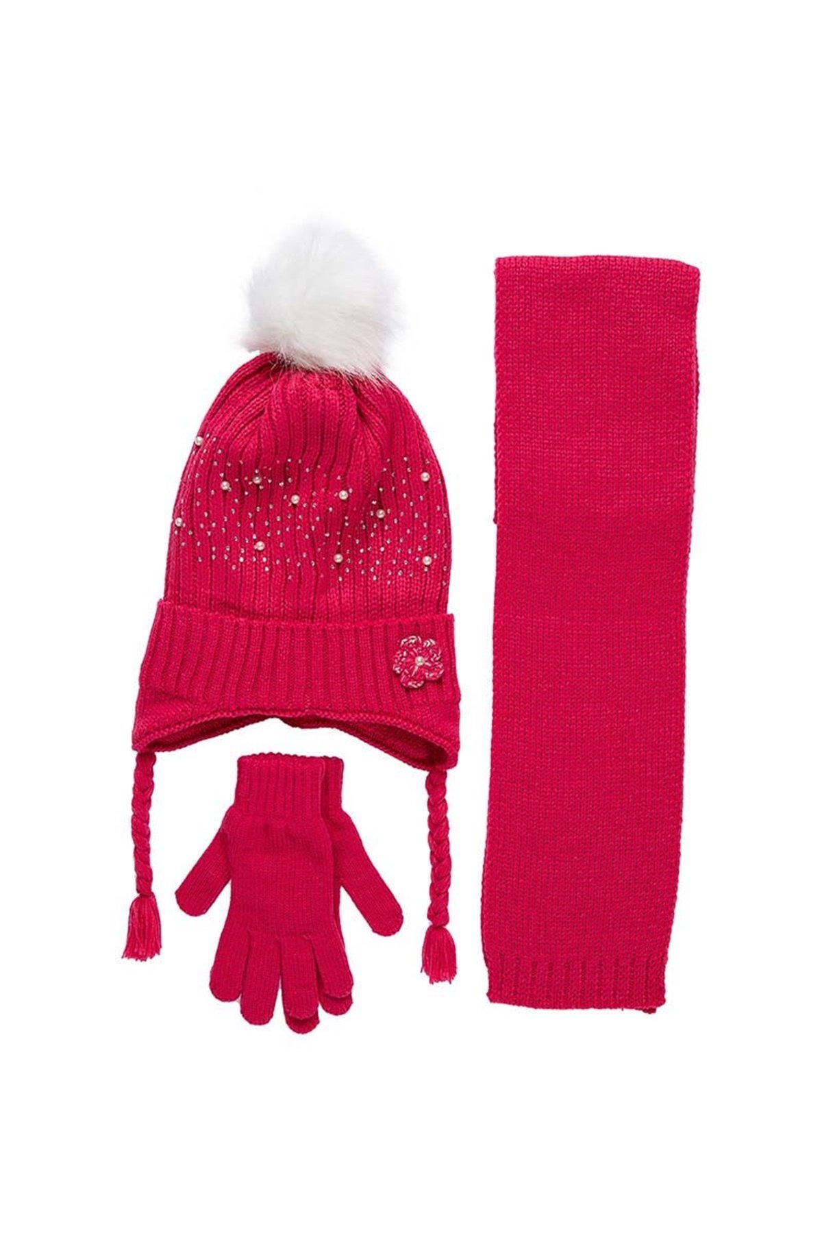 Bella Kırmızı 4-8 Yaş Kız Çocuk Atkı Bere Eldiven Takımı - K9940