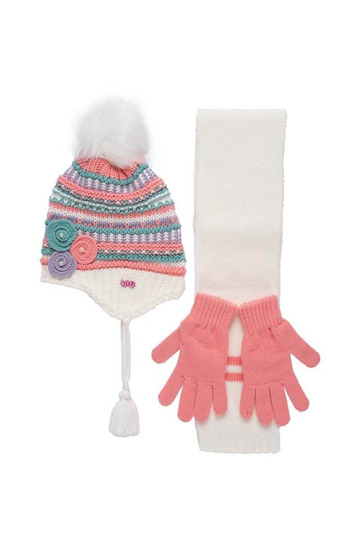 Beyaz Örgü Kız Çocuk Atkı Bere Eldiven - K9943