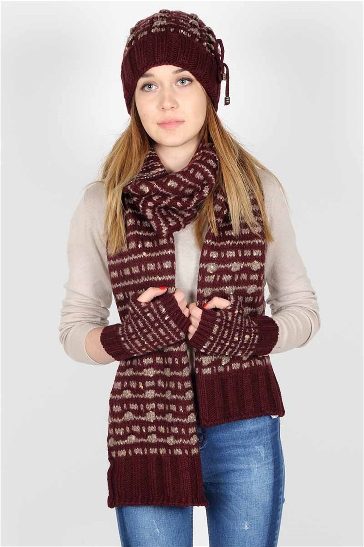 Bordo Bayan Atkı Bere Eldiven Takımı 13068