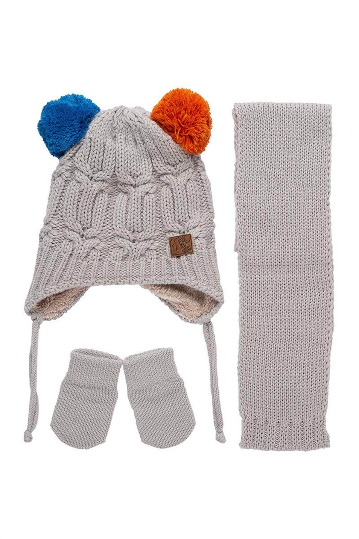 Bron Çift Ponponlu Kız Bebek Atkı Bere Eldiven Takımı Gri - K9906