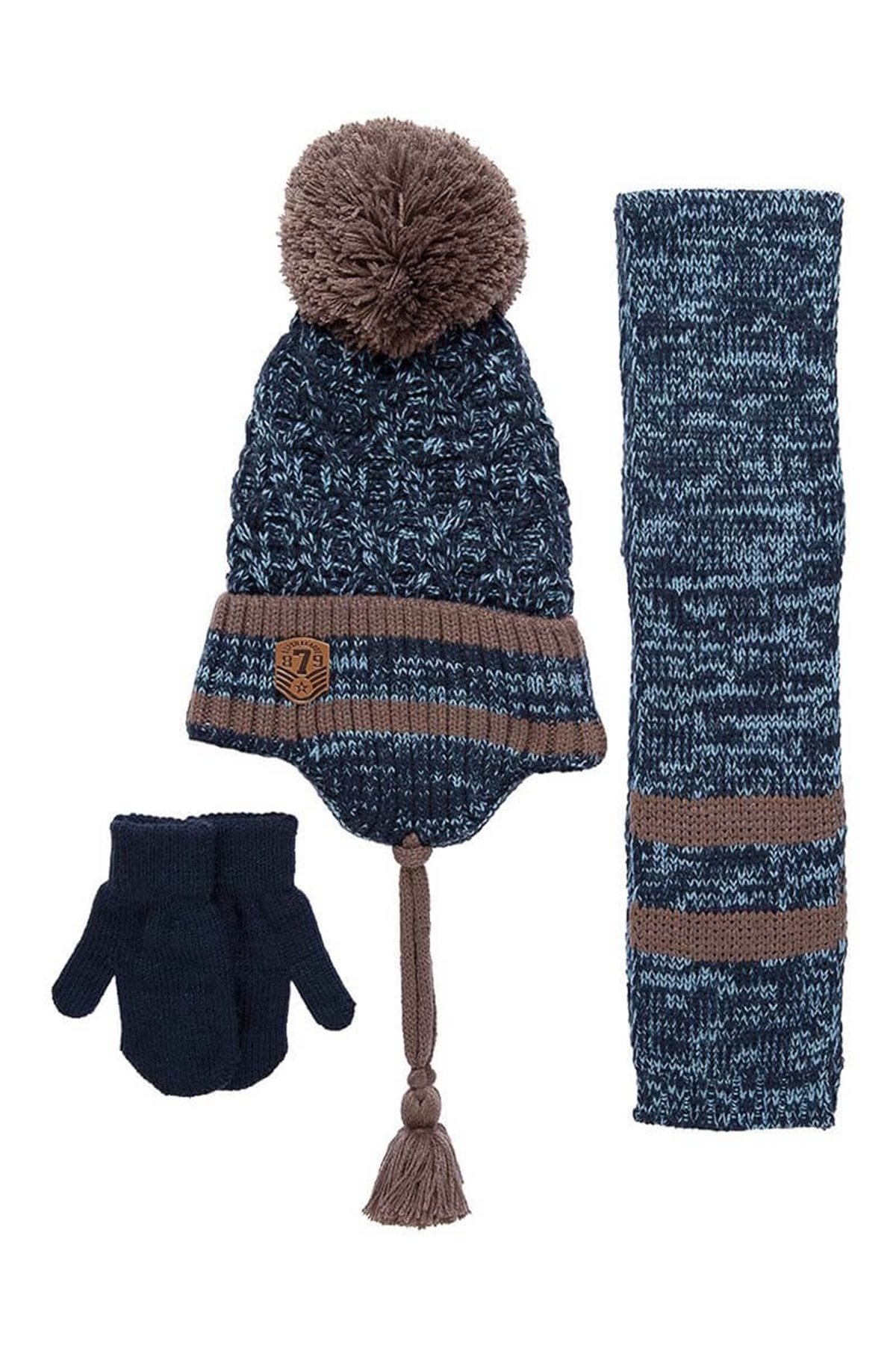 Brown 1-4 Yaş Erkek Çocuk Atkı Bere Eldiven Takımı K9929 - Lacivert
