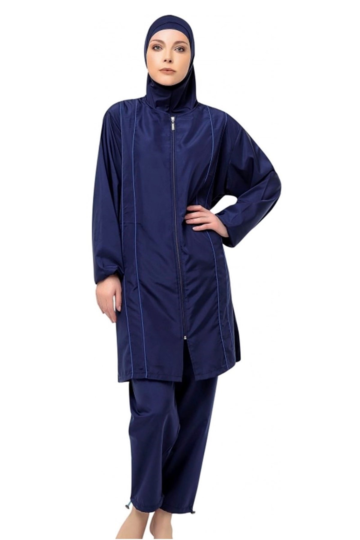 Büyük Beden Mavi Şeritli Lacivert Tam Tesettür Mayo