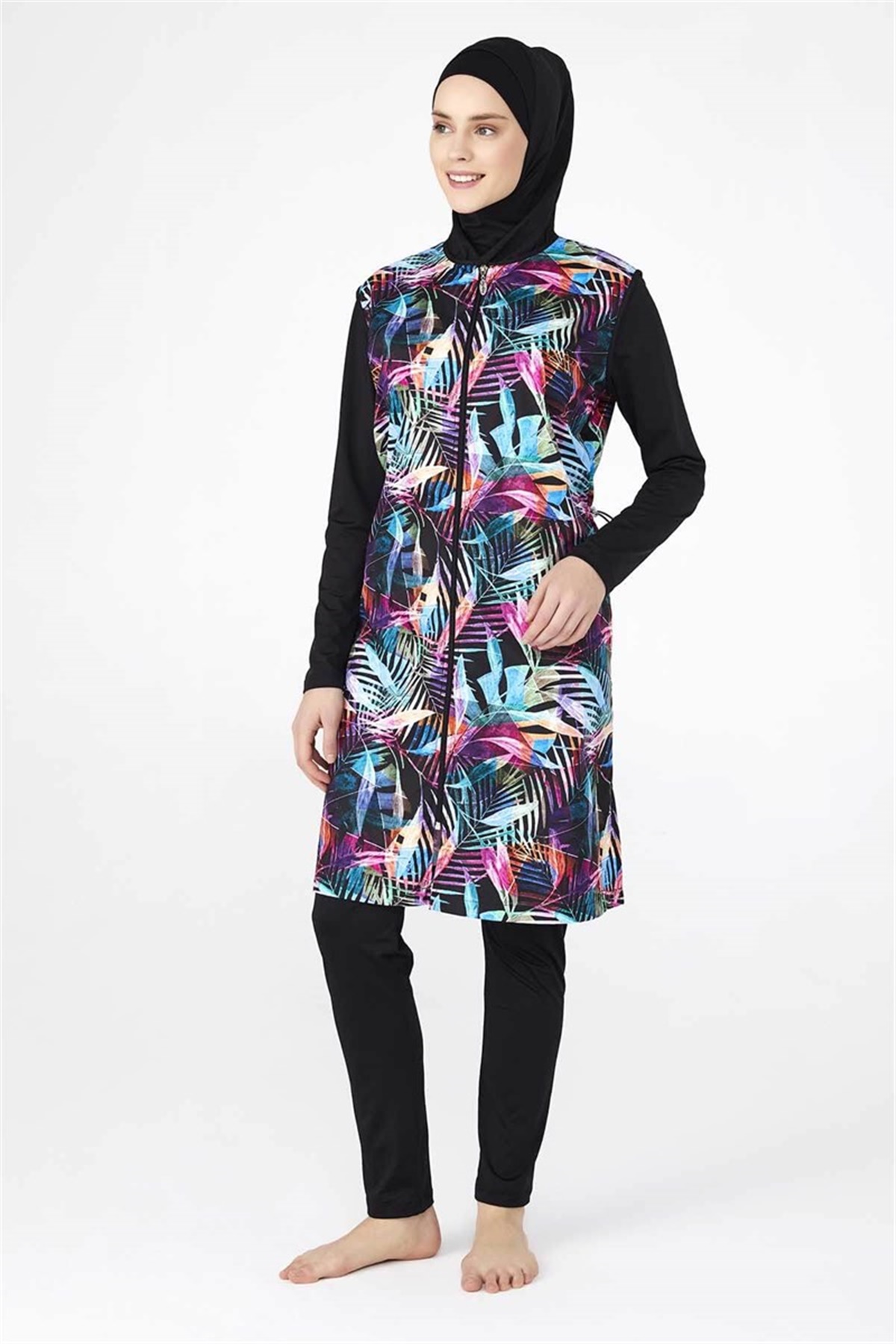 Büyük Beden Tesettür Mayo, Renkli Desenli Kapalı Mayo T0783