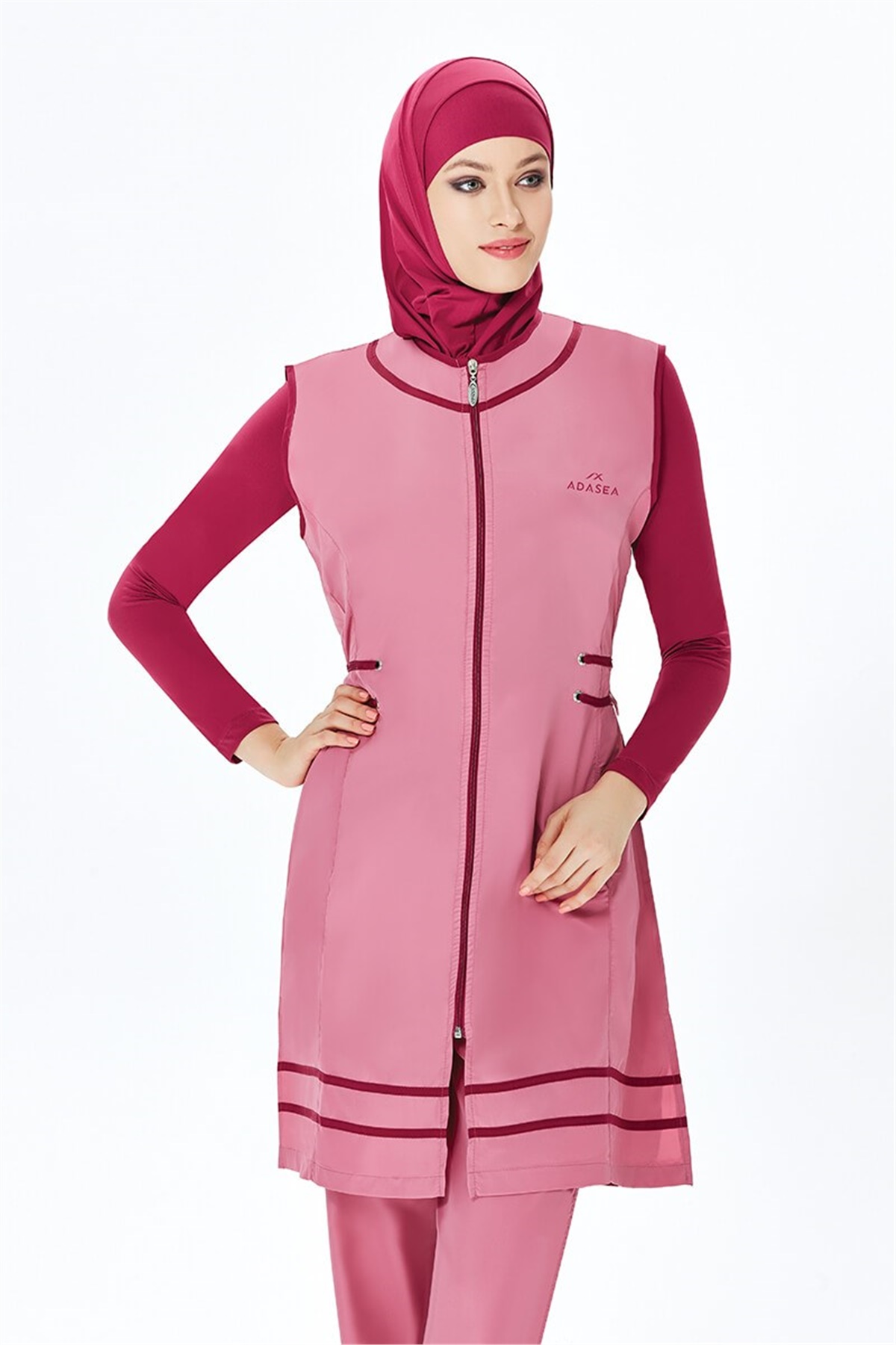 Büyük Beden Yelekli Tesettür Mayo Adasea 222021-B - Gül Kurusu