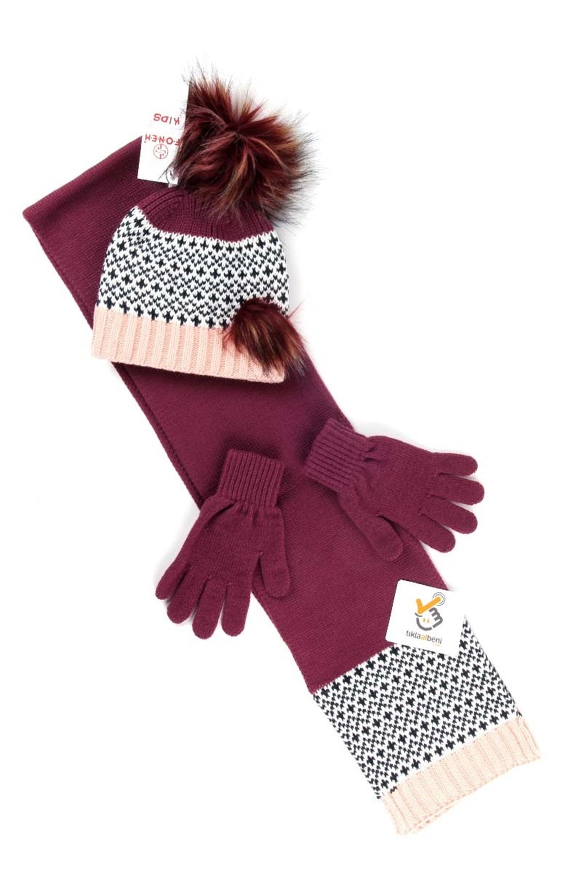 Chery Kız Çocuk Atkı Bere Mürdüm Eldiven Takımı, Hardal 8 / 12 Yaş