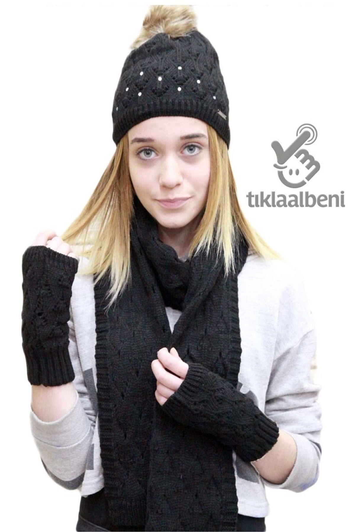 Groppa 1601 Bayan Atkı Bere Eldiven Takımı - Siyah