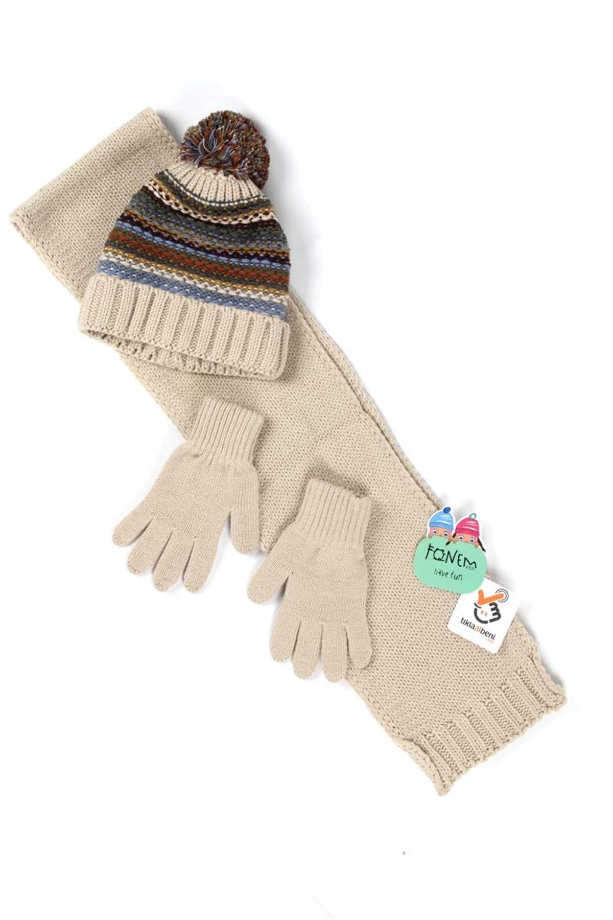 Erkek Çocuk Atkı Bere Eldiven Takımı - 8 /12 Yaş, Bej