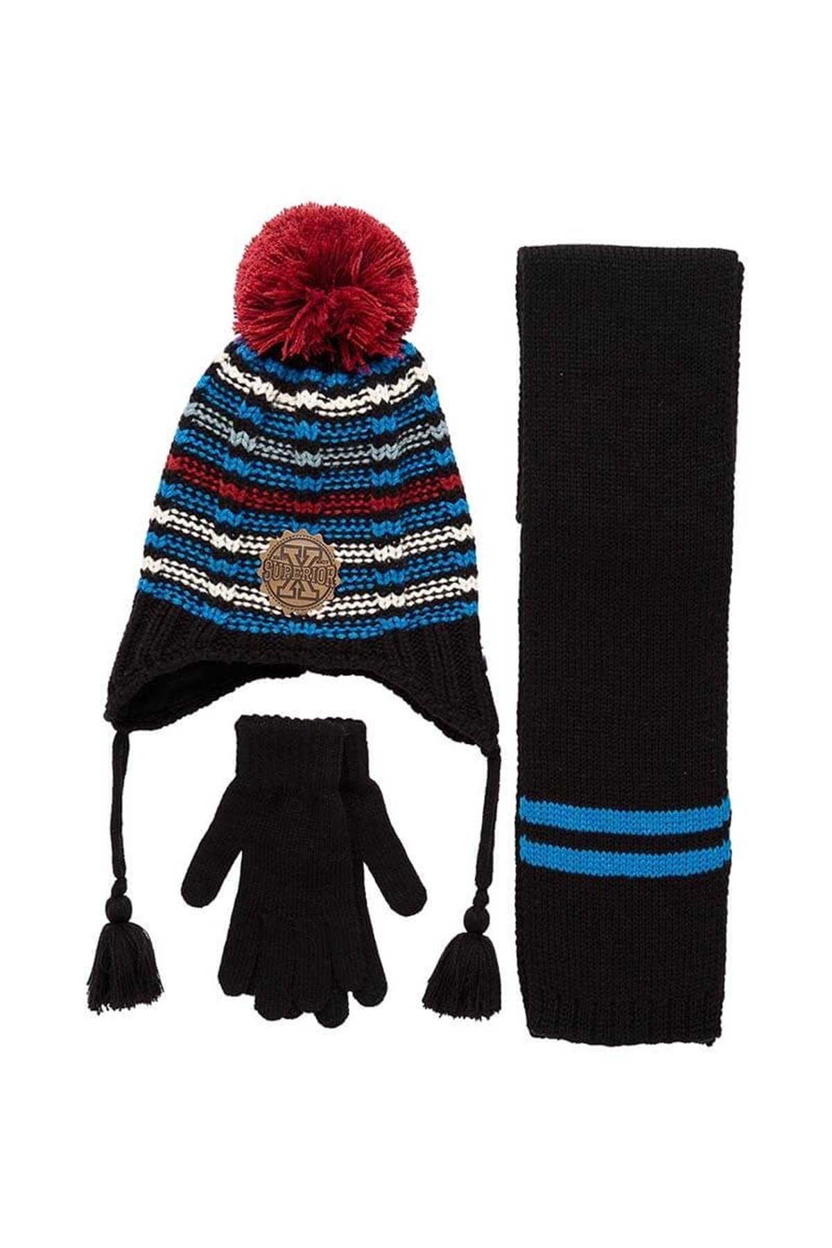 Erkek Çocuk Örgü Atkı Bere Eldiven Takımı Siyah - K9948