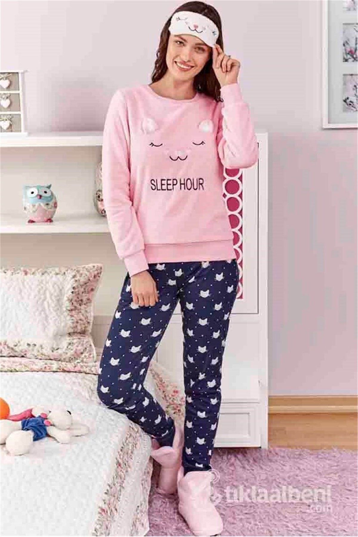 Eros ESK 20600  Polarlı Kedi Desenli Bayan Pijama Takımı