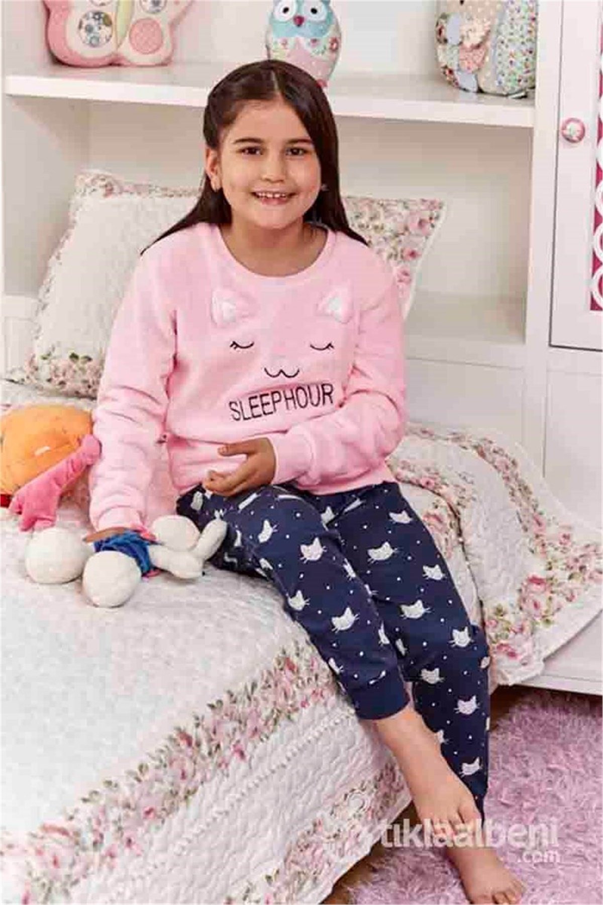 Eros ESK 20601 Polarlı Kedi Desenli Çocuk Pijama Takımı