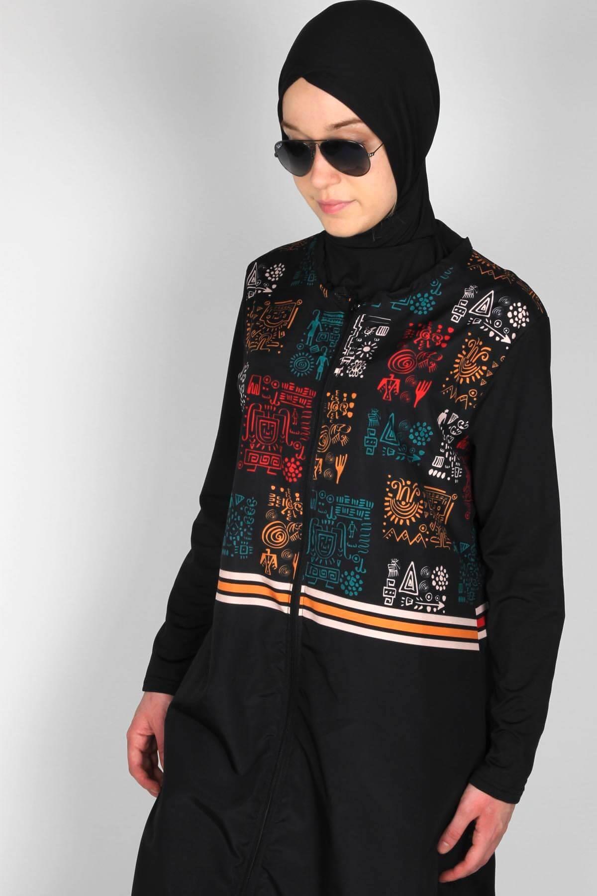 Eskiz Serisi Eşarplı Fermuarlı Tesettür Mayo, / Sealife SL1010