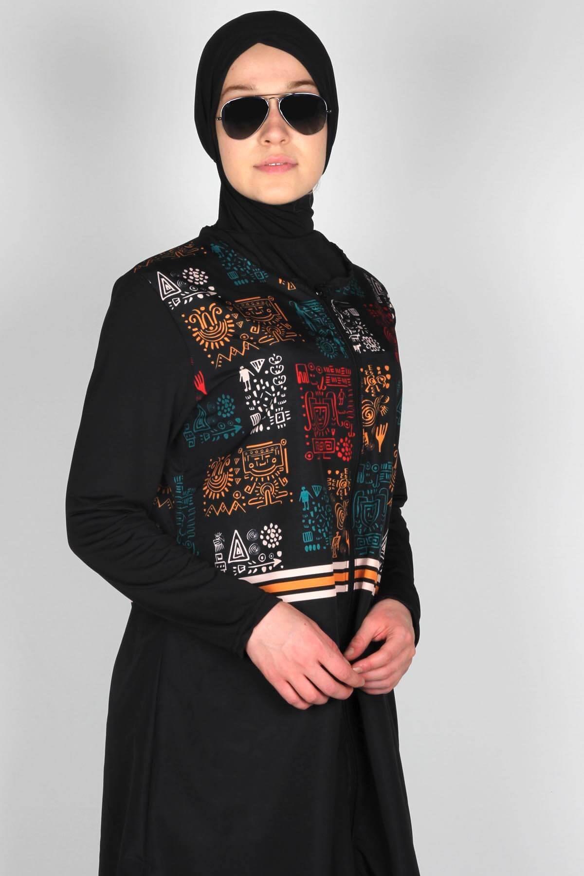 Eskiz Serisi Eşarplı Fermuarlı Tesettür Mayo, / Sealife SL1010