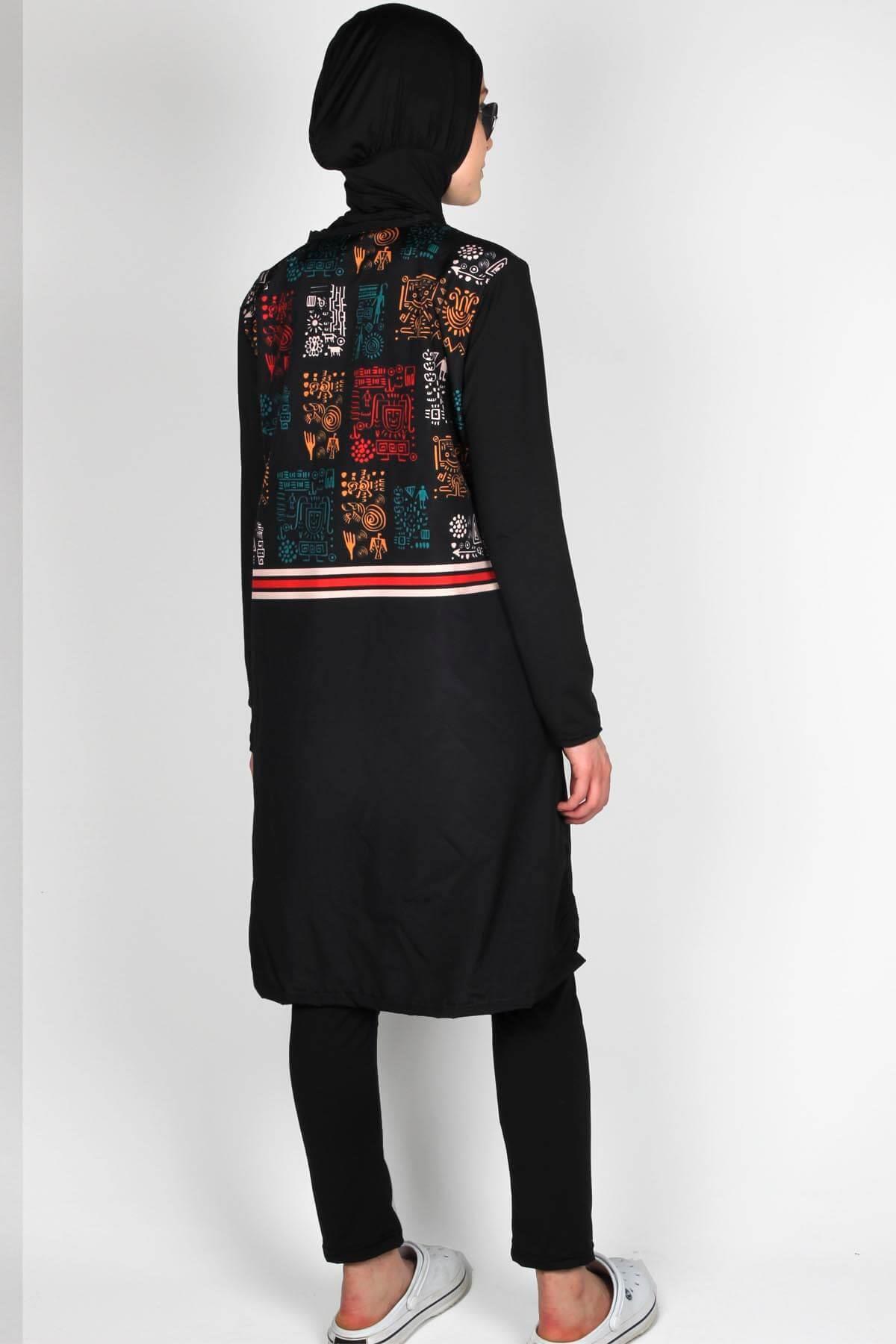 Eskiz Serisi Eşarplı Fermuarlı Tesettür Mayo, / Sealife SL1010