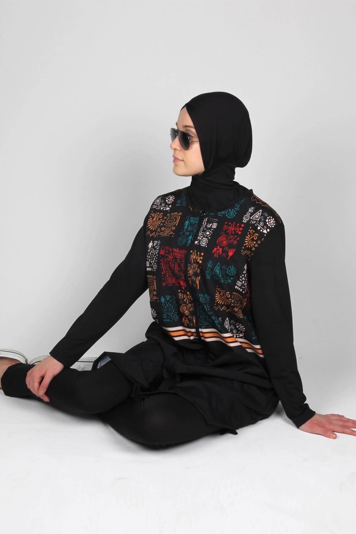 Eskiz Serisi Eşarplı Fermuarlı Tesettür Mayo, / Sealife SL1010