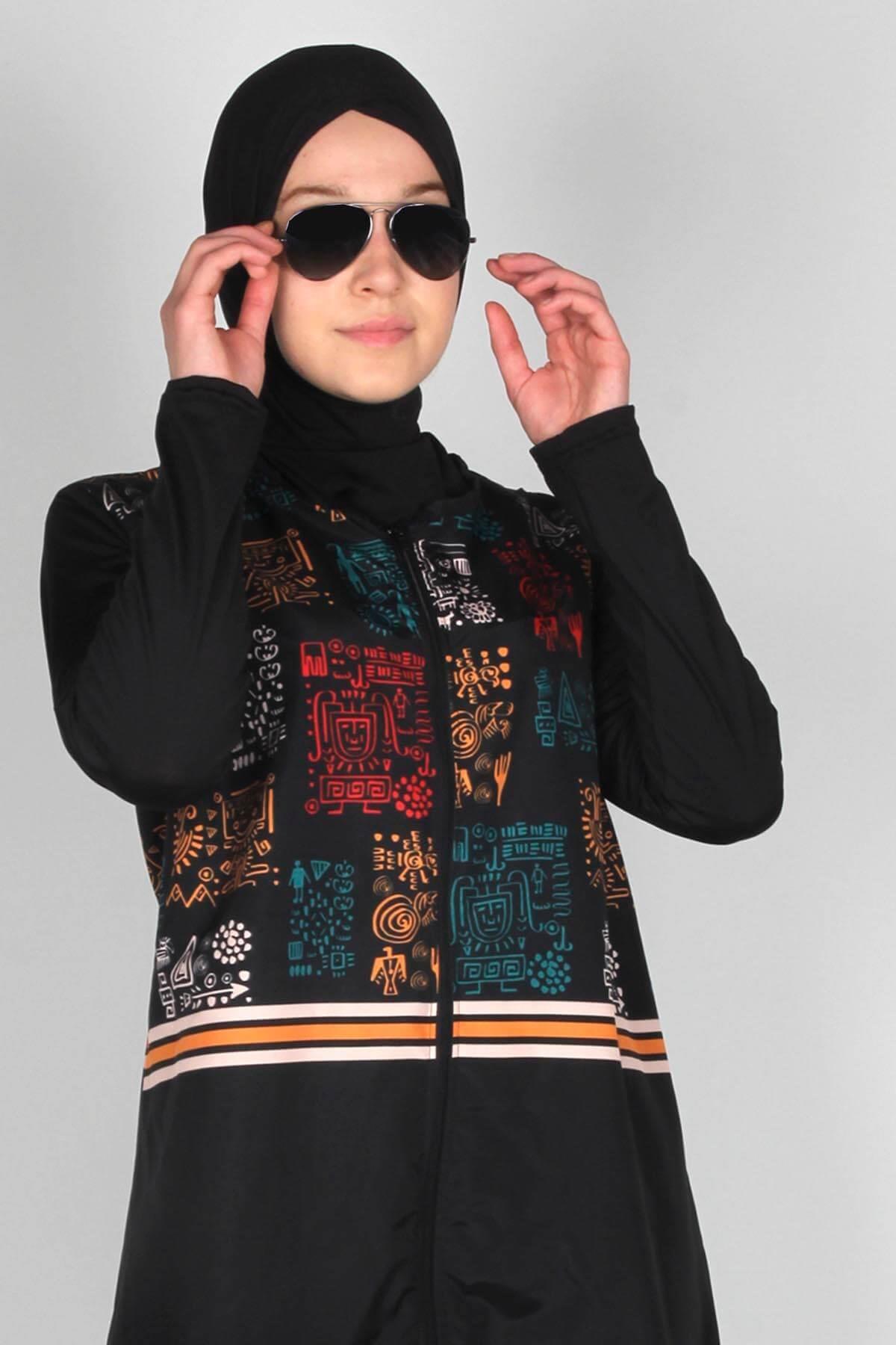 Eskiz Serisi Eşarplı Fermuarlı Tesettür Mayo, / Sealife SL1010