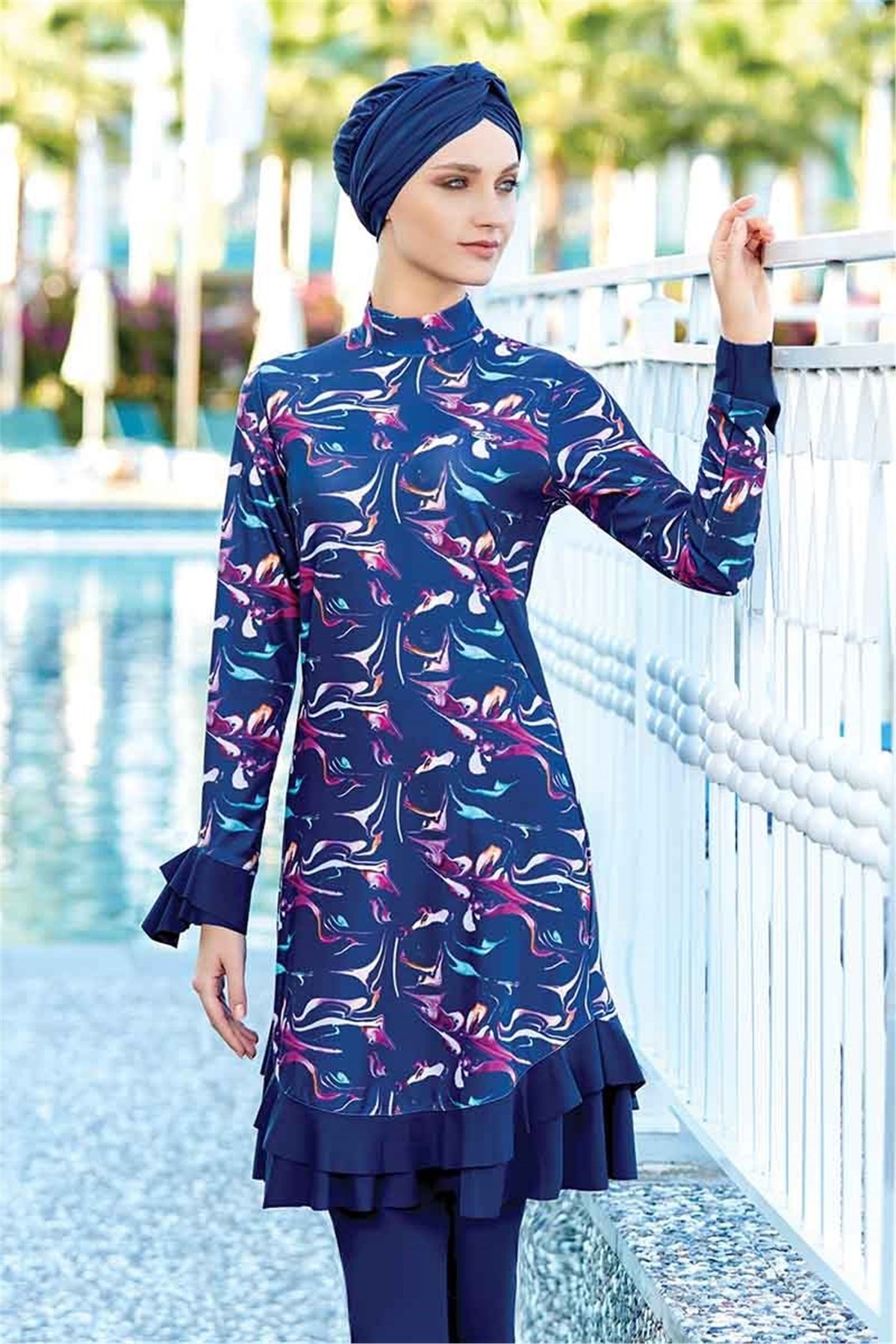 Etek ve Kol Bombeli Tasarım Adasea Tesettür Mayo