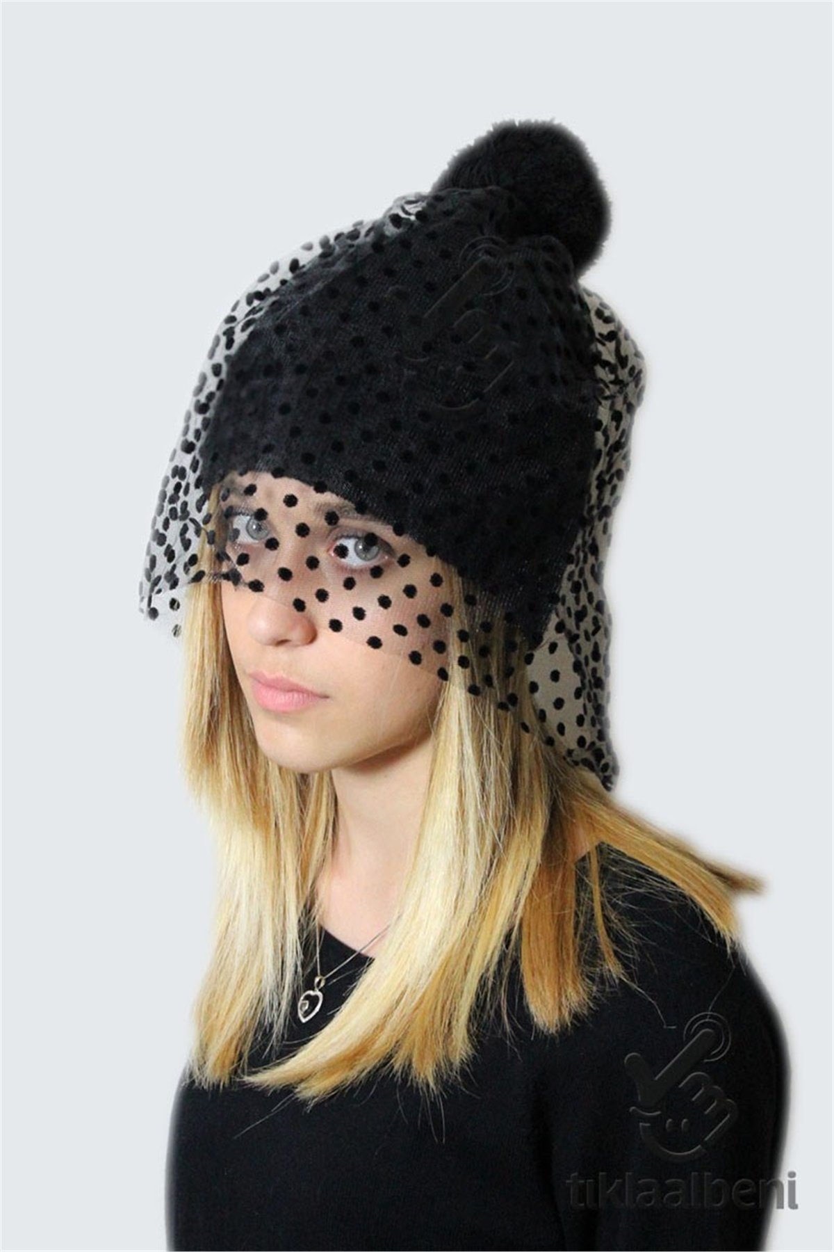 Tüllü Ponponlu Bere, Tülü Çıkarılabilir - Fonem 12345-1 Siyah