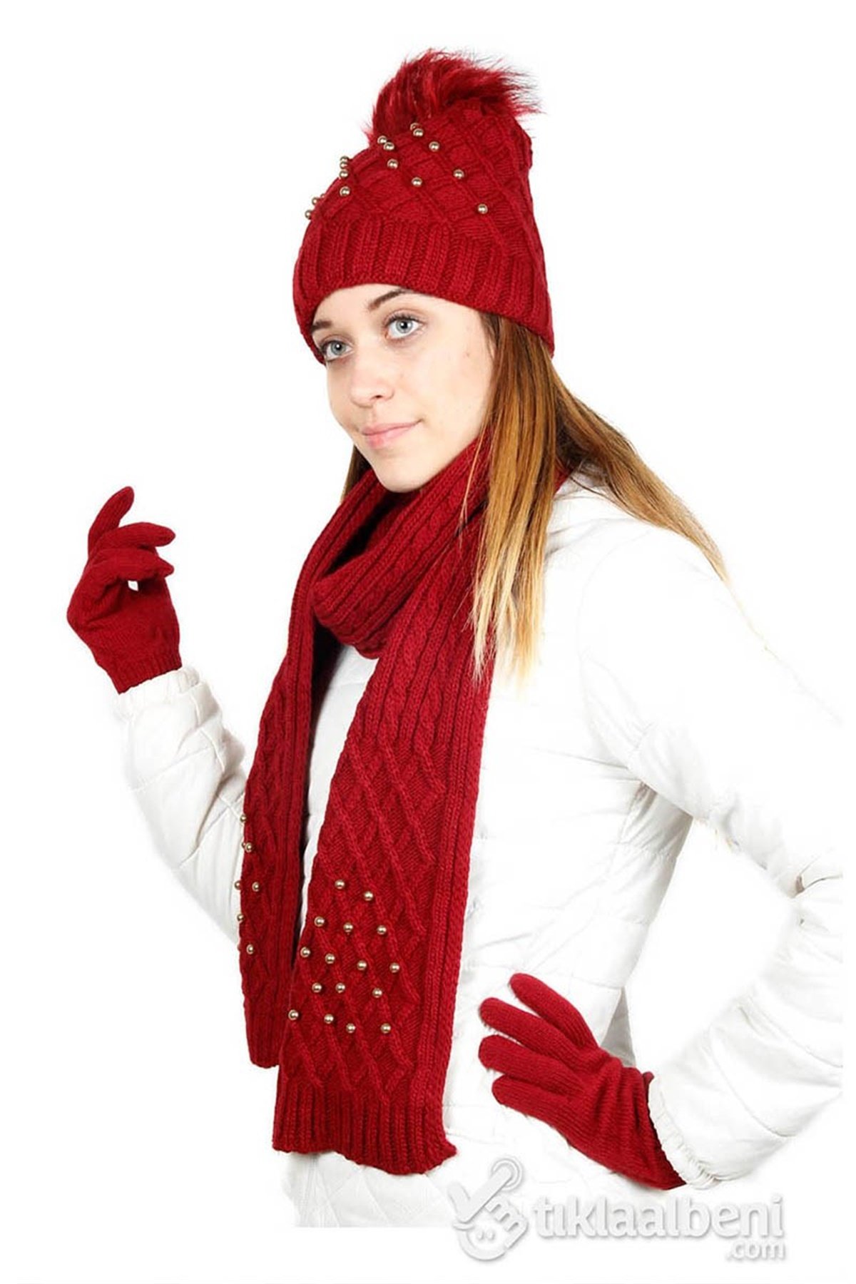 İnci Atkı Bere Eldiven Seti SV-507 Kırmızı