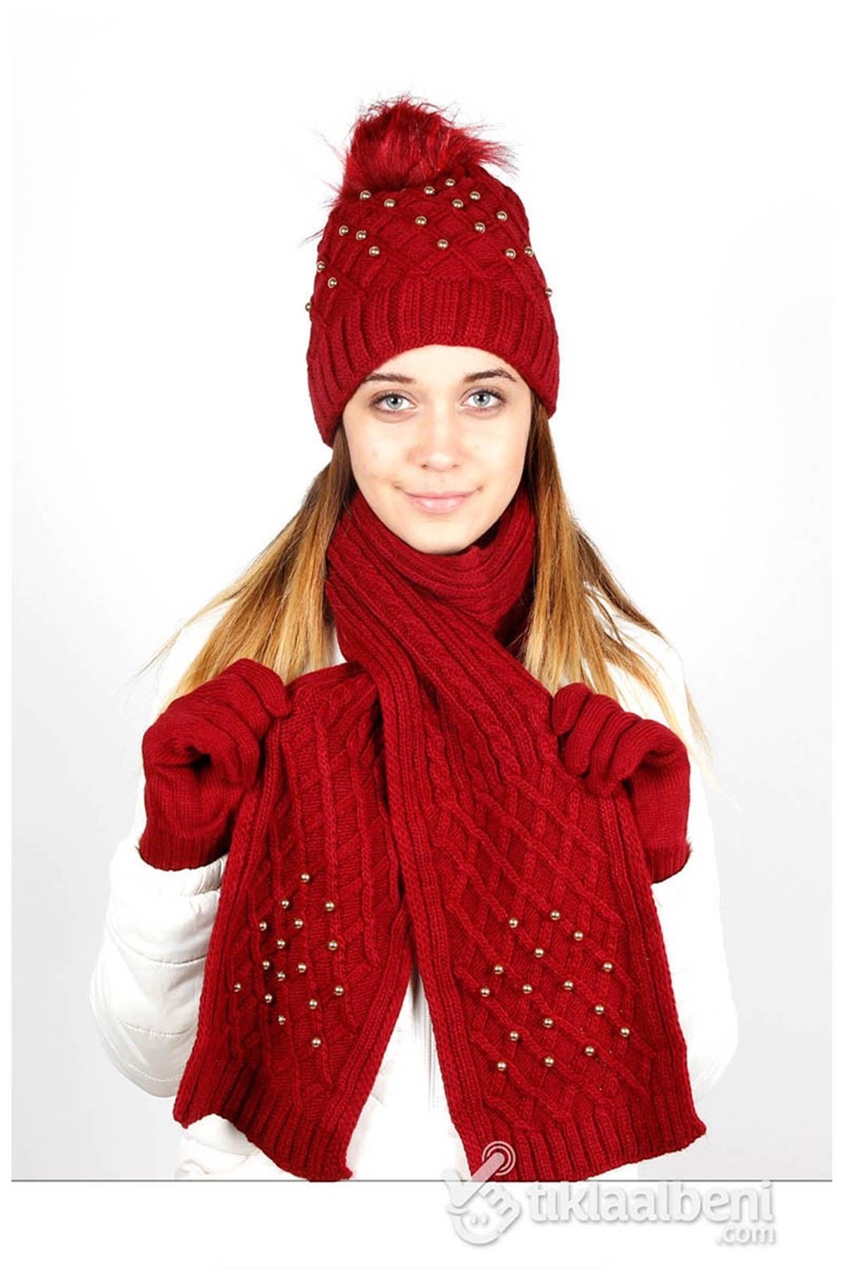 İnci Atkı Bere Eldiven Seti SV-507 Kırmızı