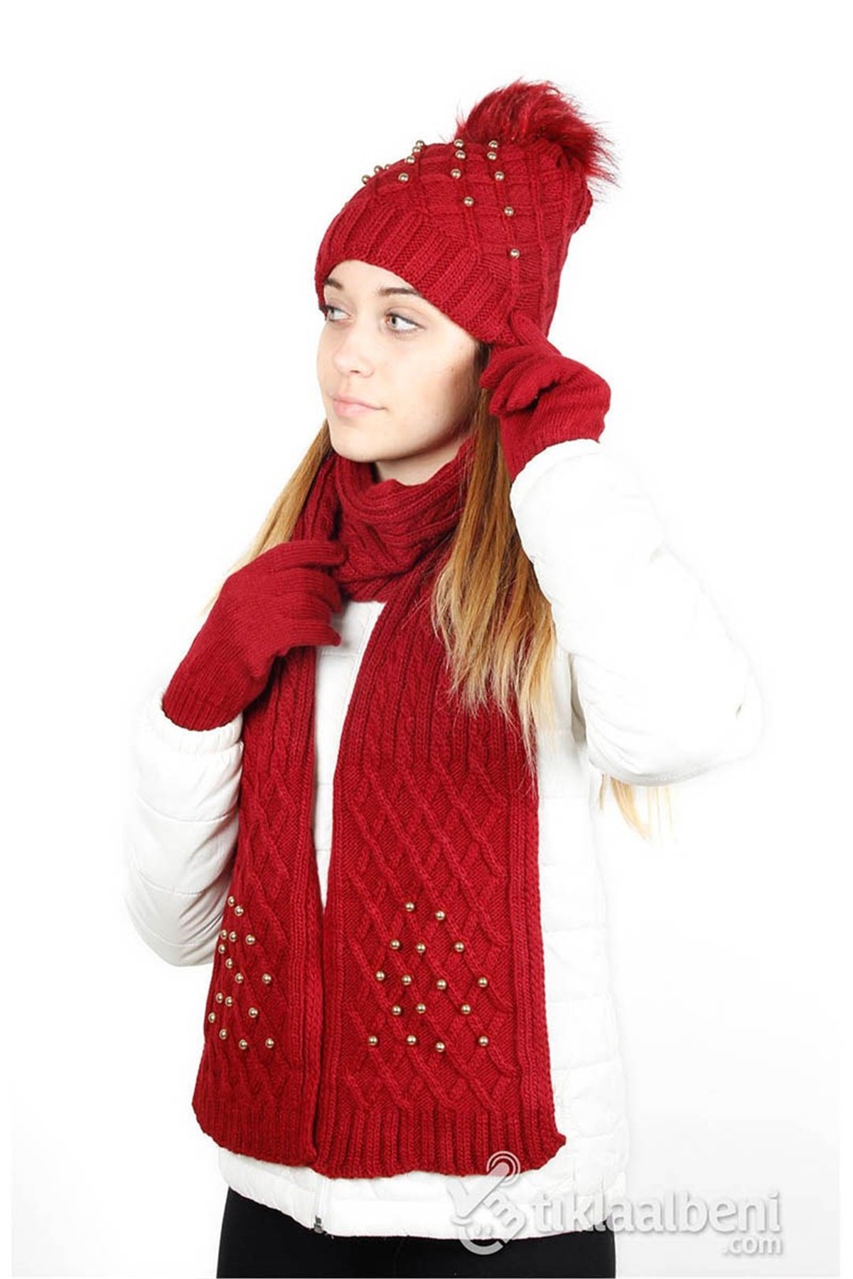 İnci Atkı Bere Eldiven Seti SV-507 Kırmızı