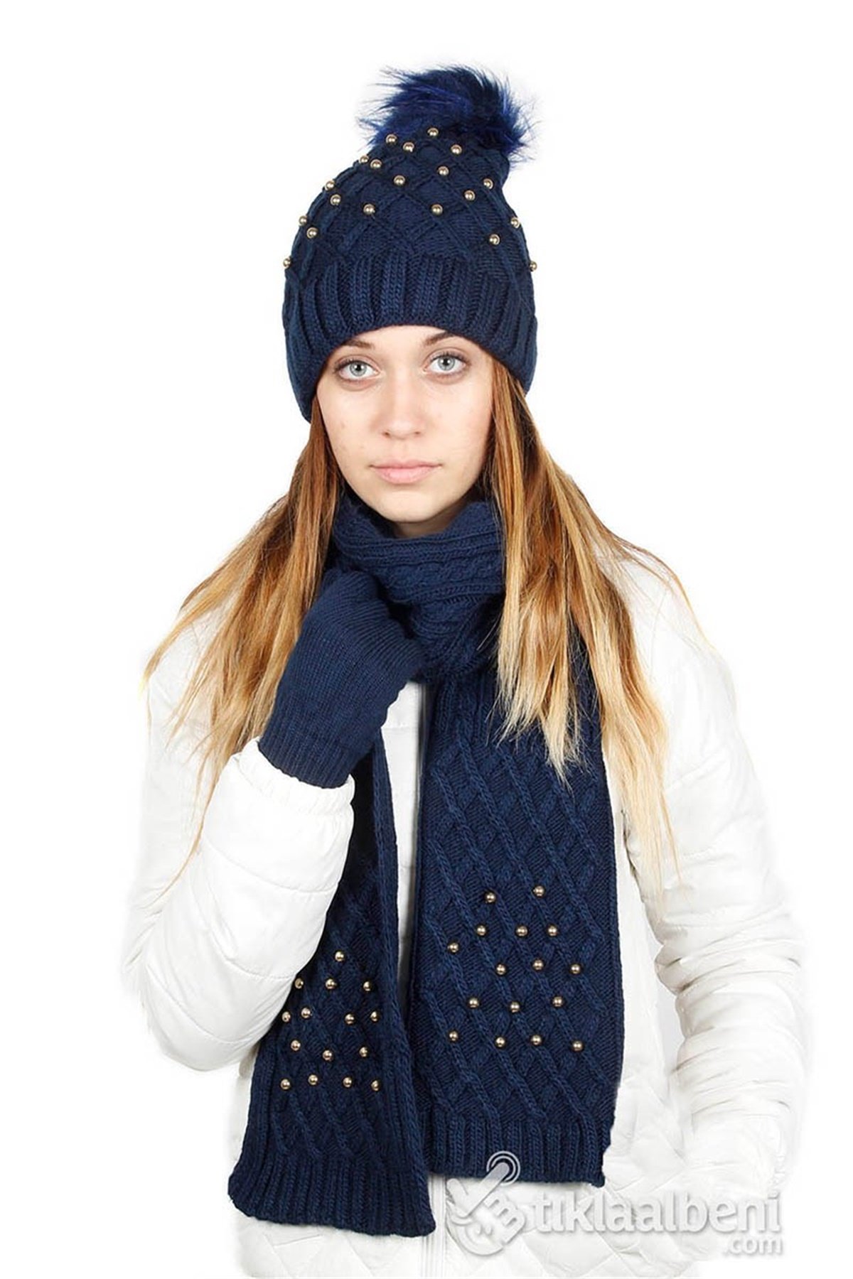 İnci Atkı Bere Eldiven Seti SV-507 Lacivert