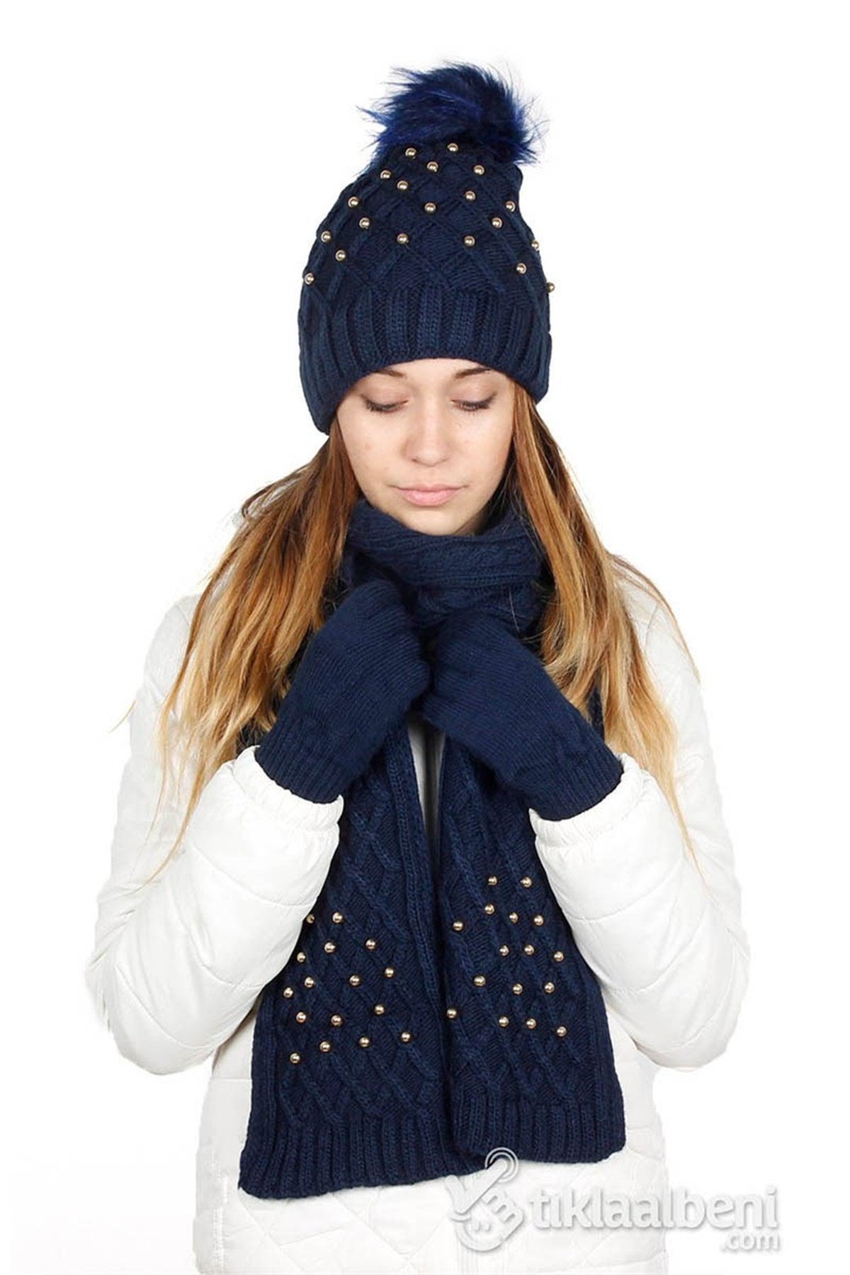 İnci Atkı Bere Eldiven Seti SV-507 Lacivert