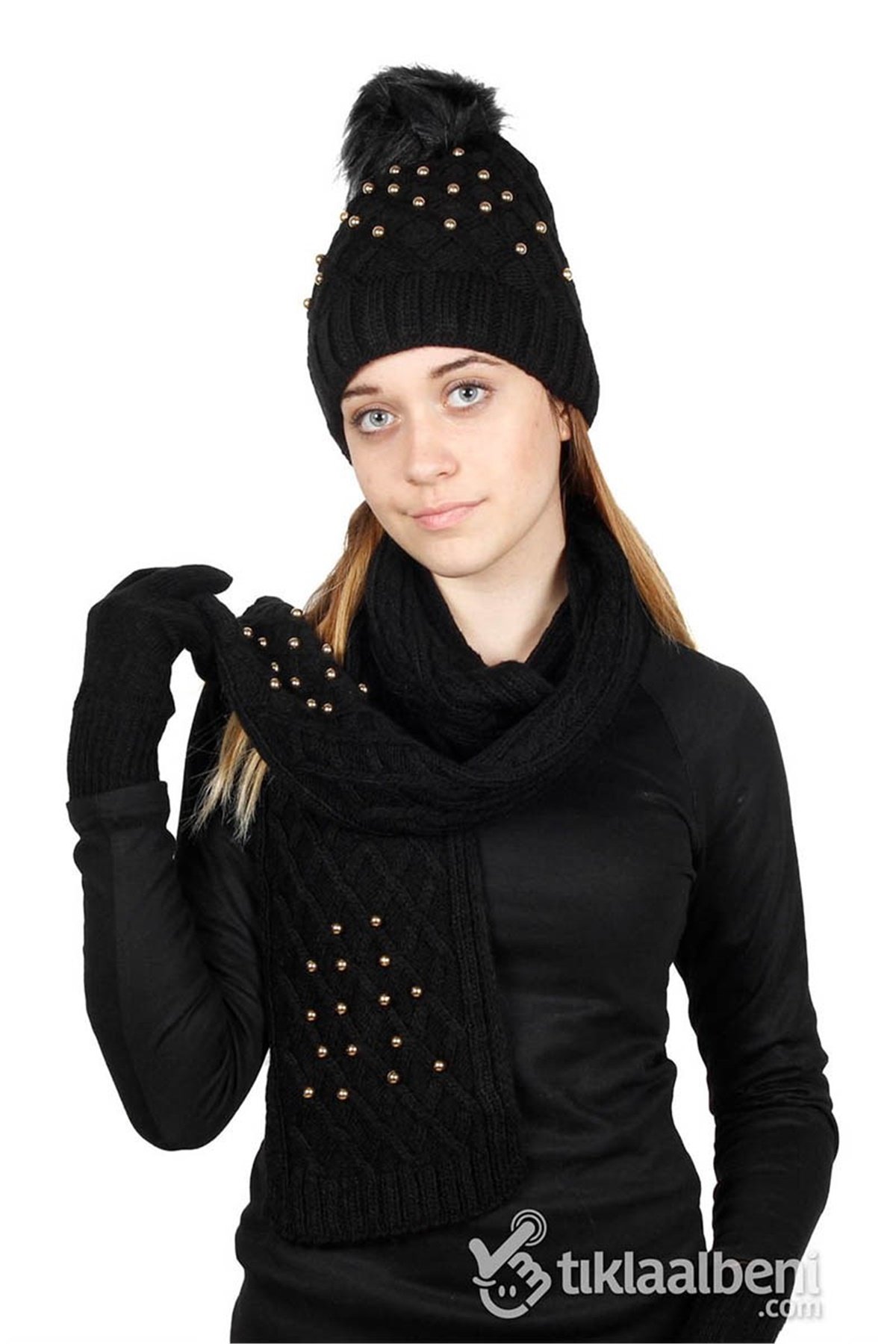 İnci Atkı Bere Eldiven Seti SV-507 Siyah