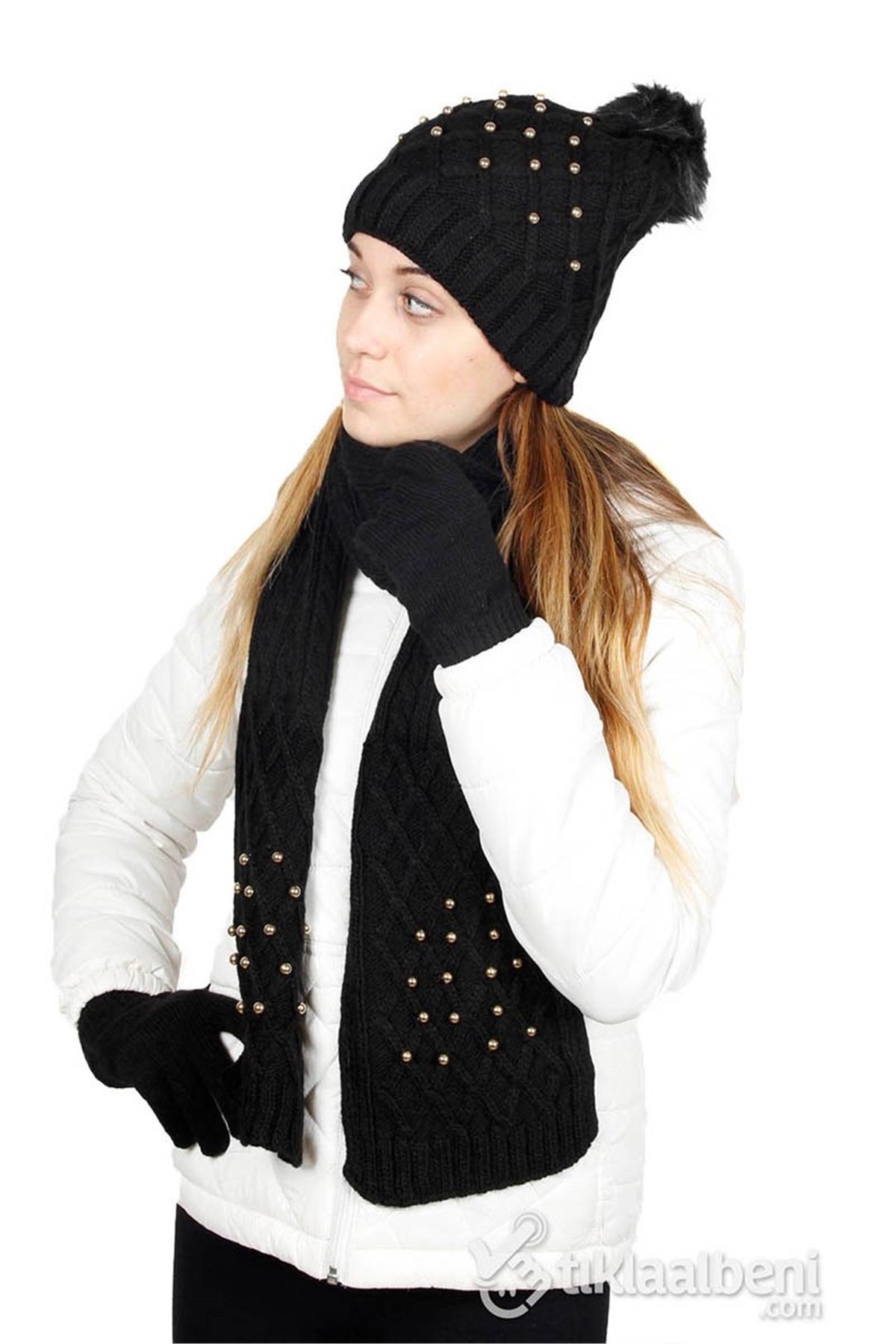 İnci Atkı Bere Eldiven Seti SV-507 Siyah