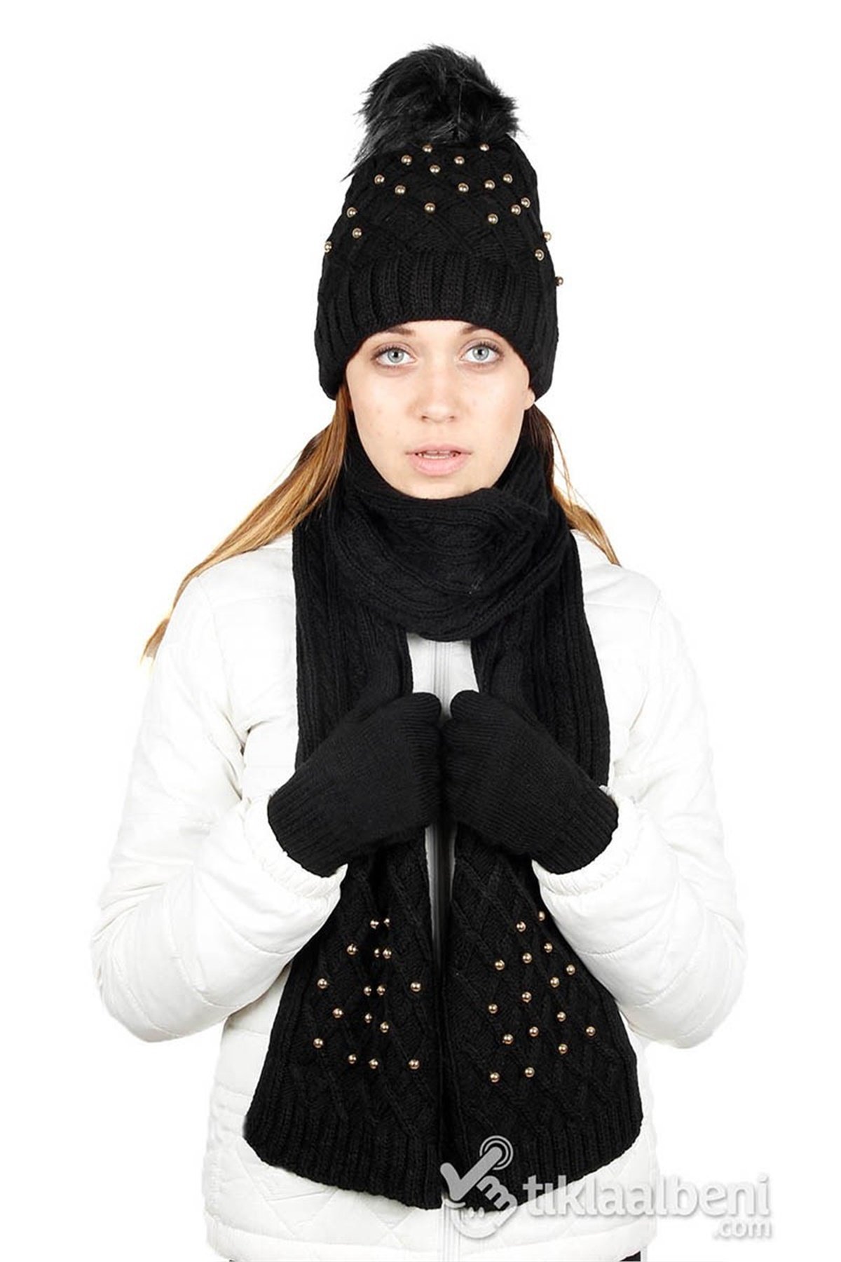 İnci Atkı Bere Eldiven Seti SV-507 Siyah