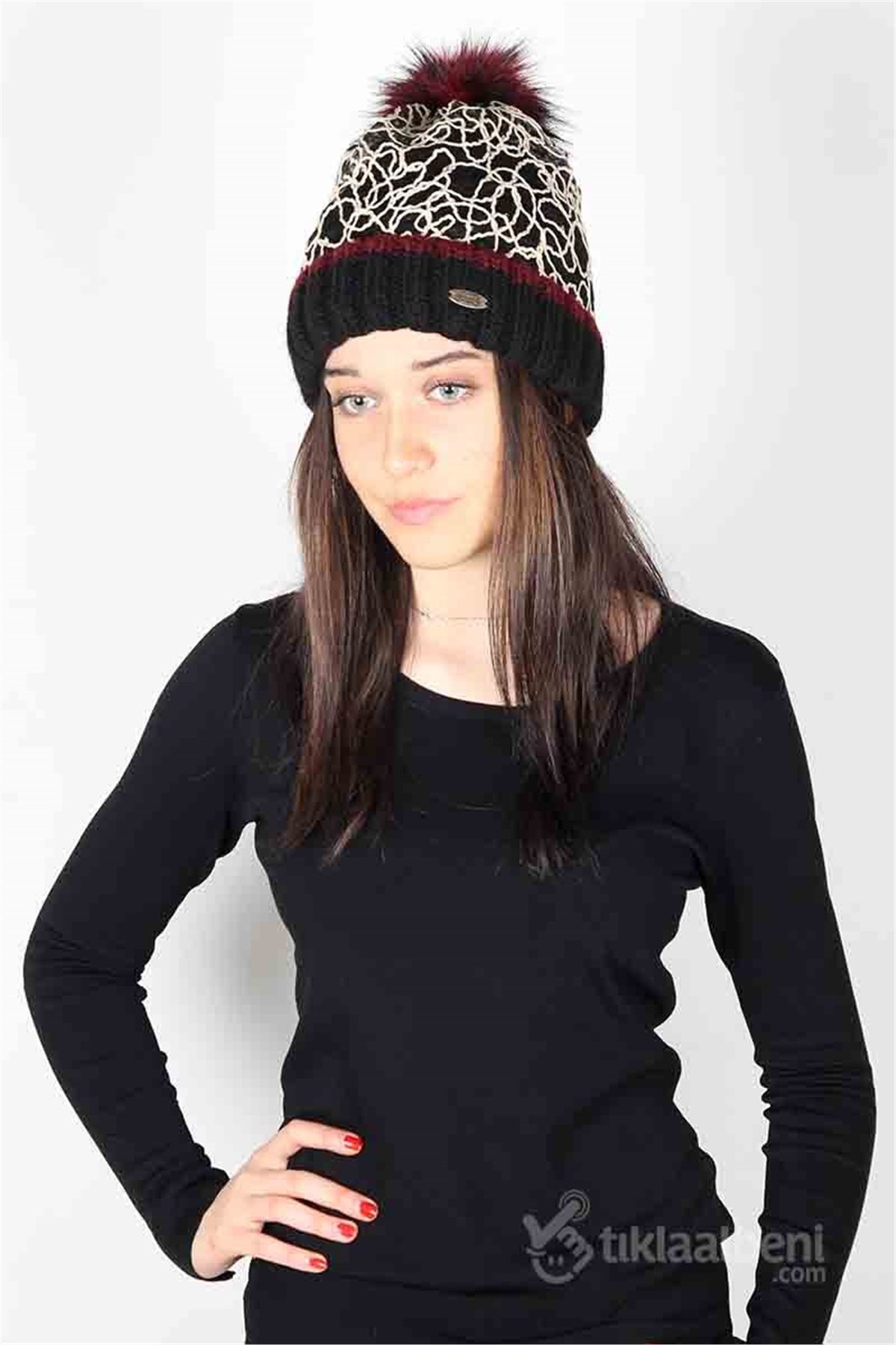 İp Örgü Detaylı 1. Kalite Kürk Ponponlu Kadın Bere