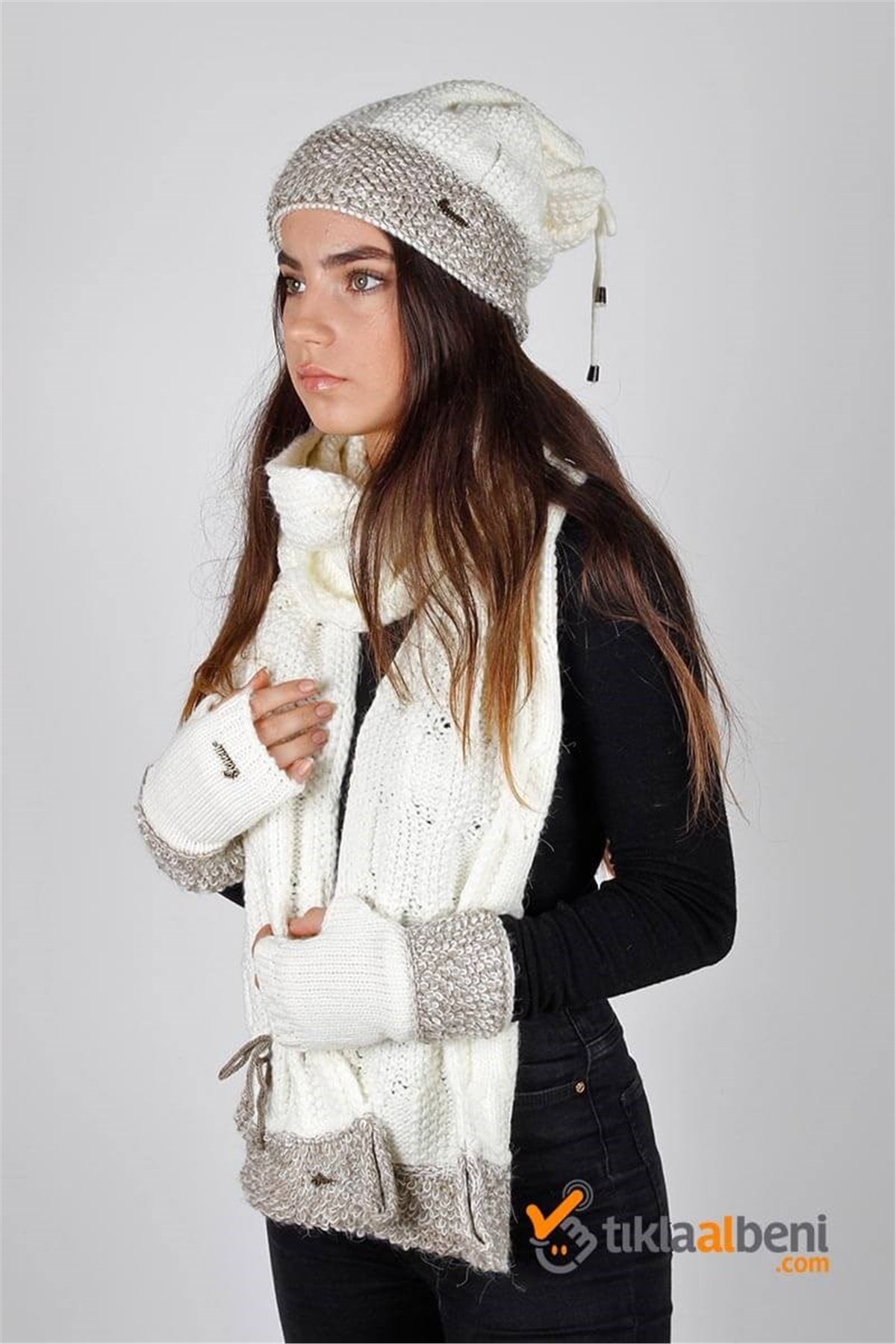 İstanbul 607 Üçlü Bayan Atkı Seti Ekru