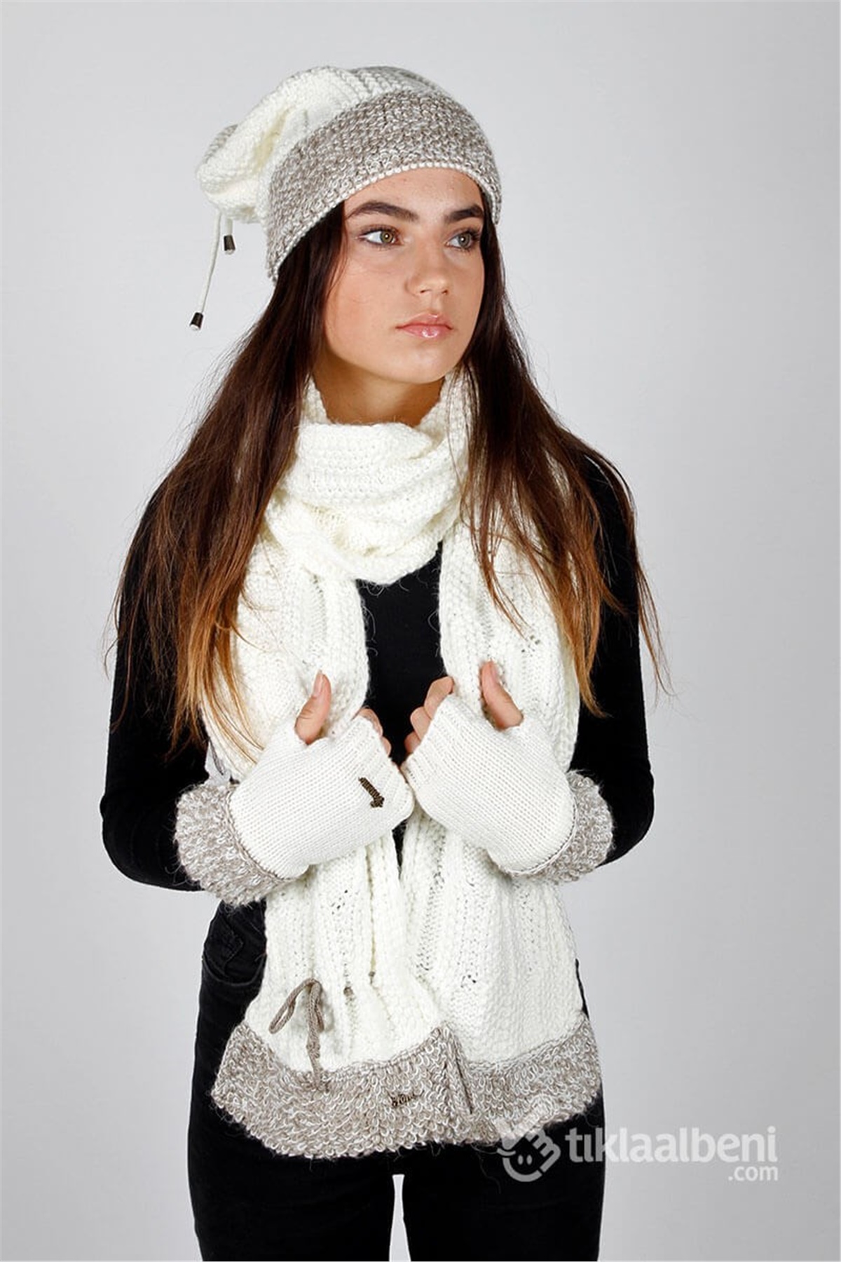 İstanbul 607 Üçlü Bayan Atkı Seti Ekru