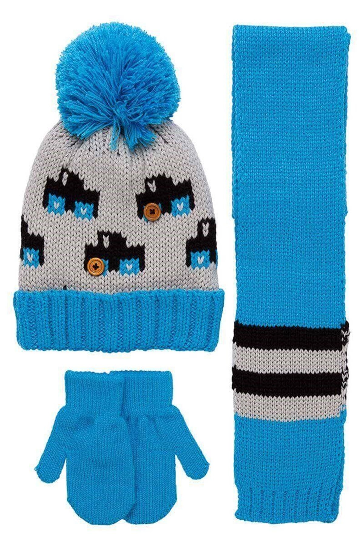 John Düğmeli Erkek Çocuk Atkı Bere Eldiven Takımı K9925 - Mavi