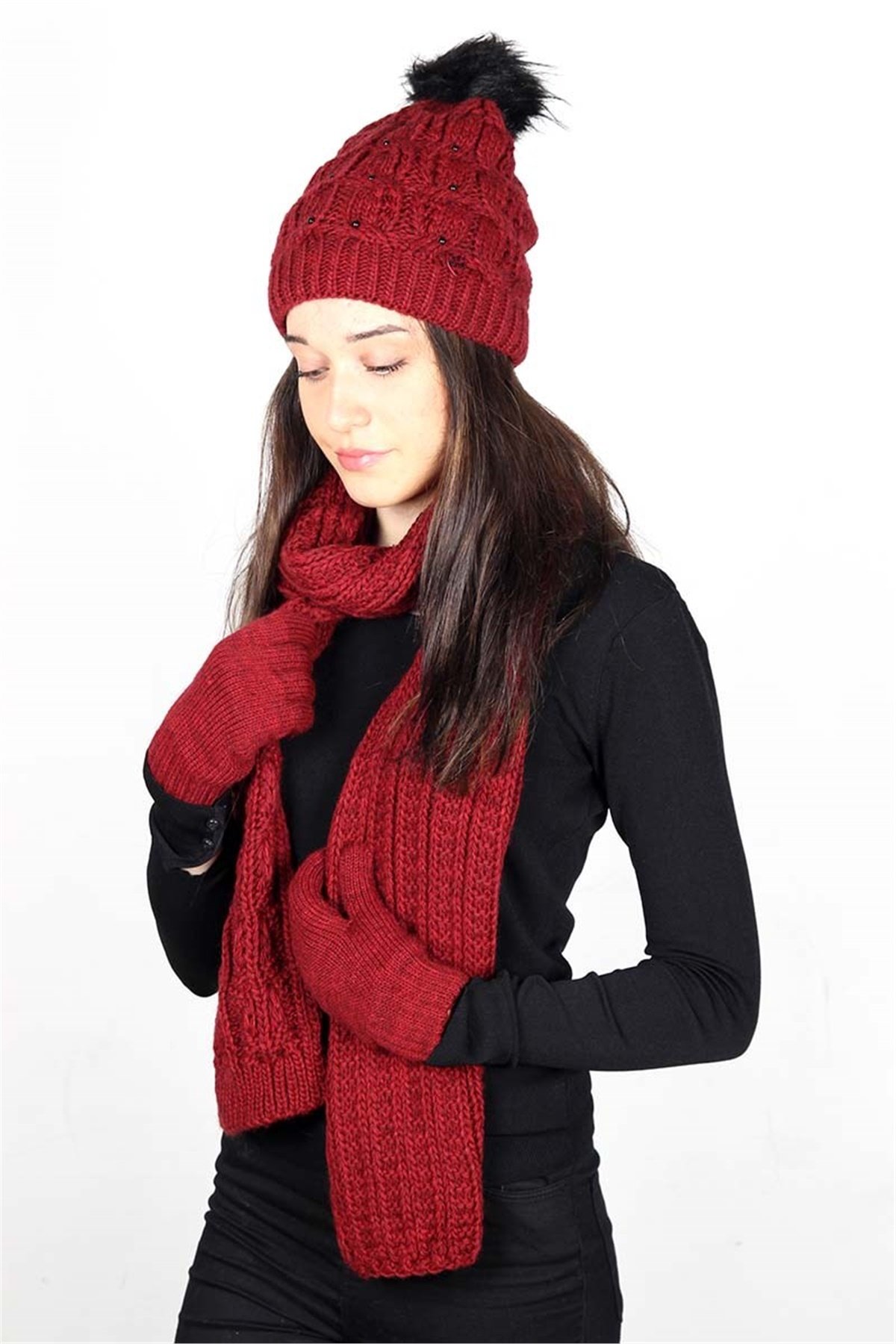 Kadın Atkı Bere Eldiven Takımı Taş Detaylı - Kırmızı