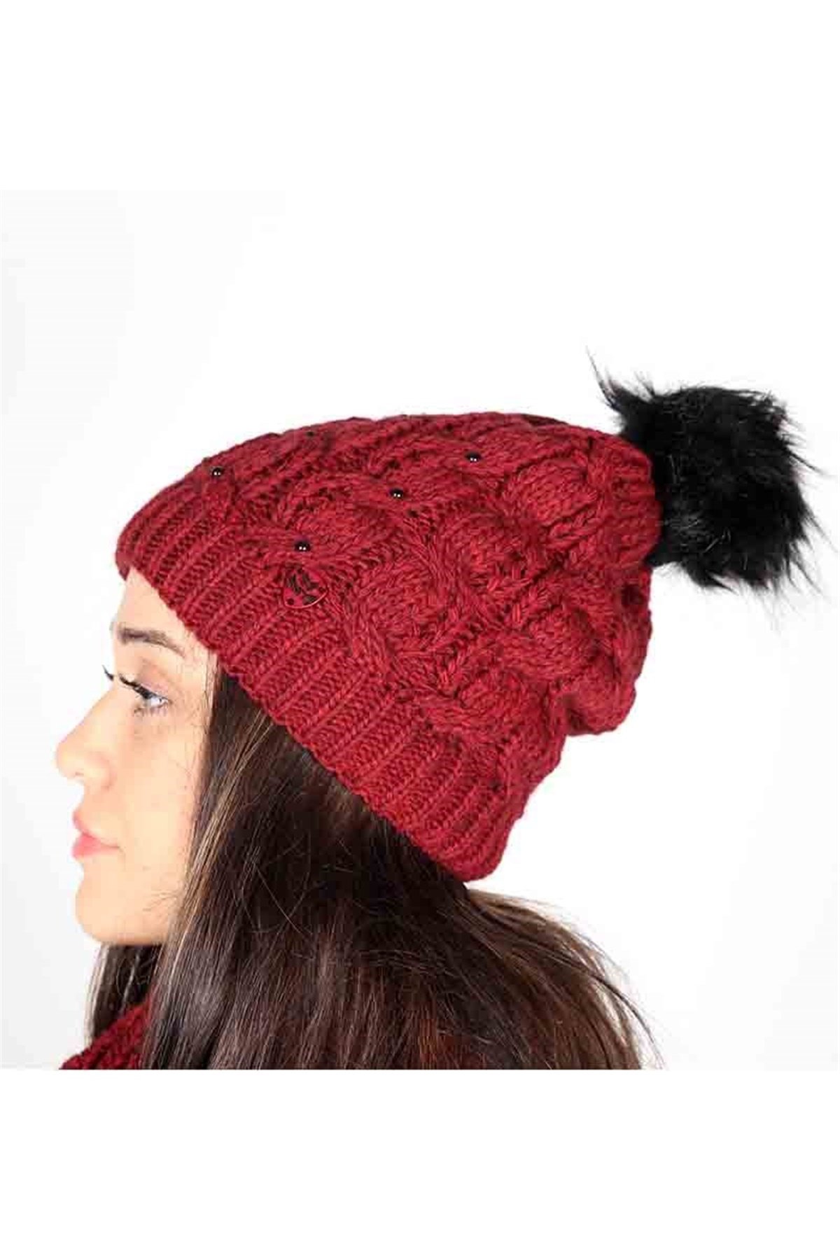 Kadın Atkı Bere Eldiven Takımı Taş Detaylı - Kırmızı