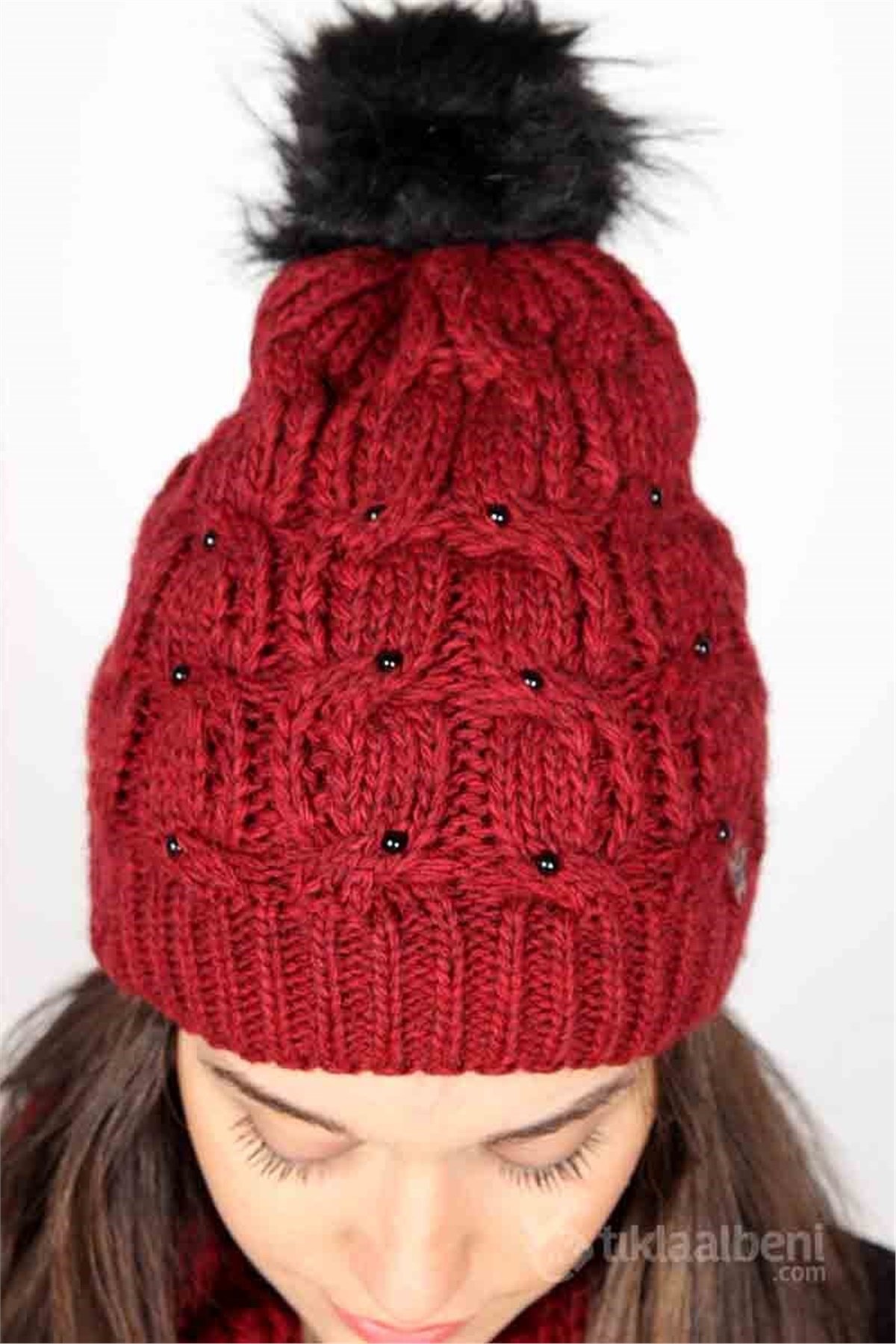 Kadın Atkı Bere Eldiven Takımı Taş Detaylı - Kırmızı