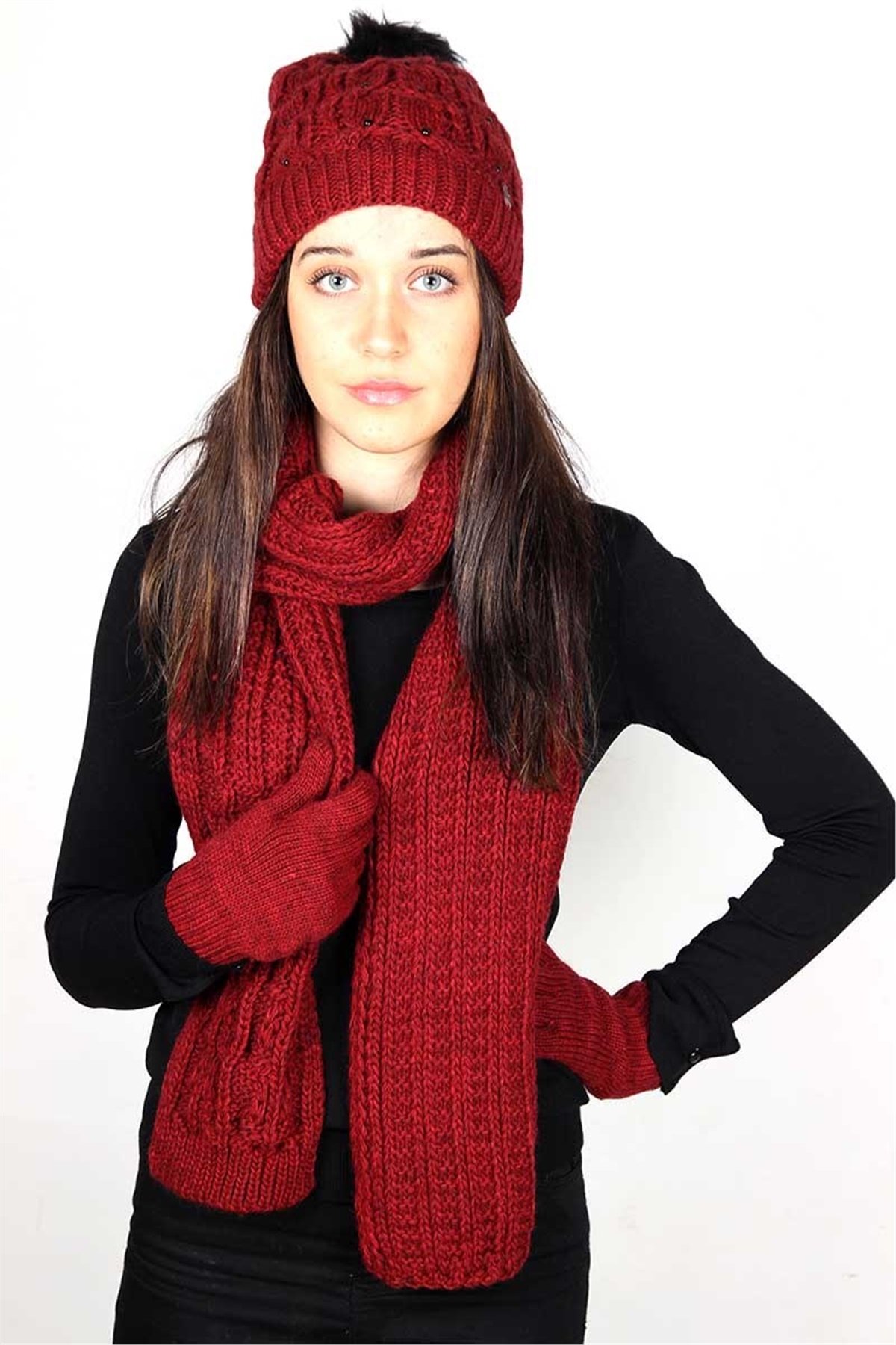 Kadın Atkı Bere Eldiven Takımı Taş Detaylı - Kırmızı