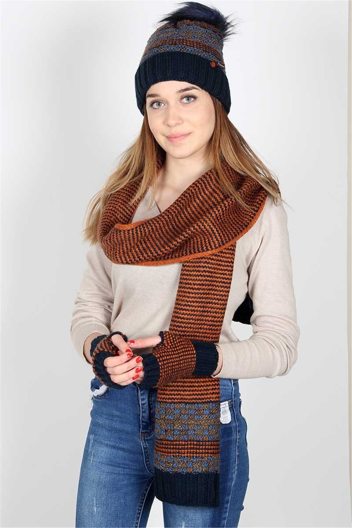 Kadın Lacivert Atkı Bere Eldiven Takımı 3074 - Yakamoz