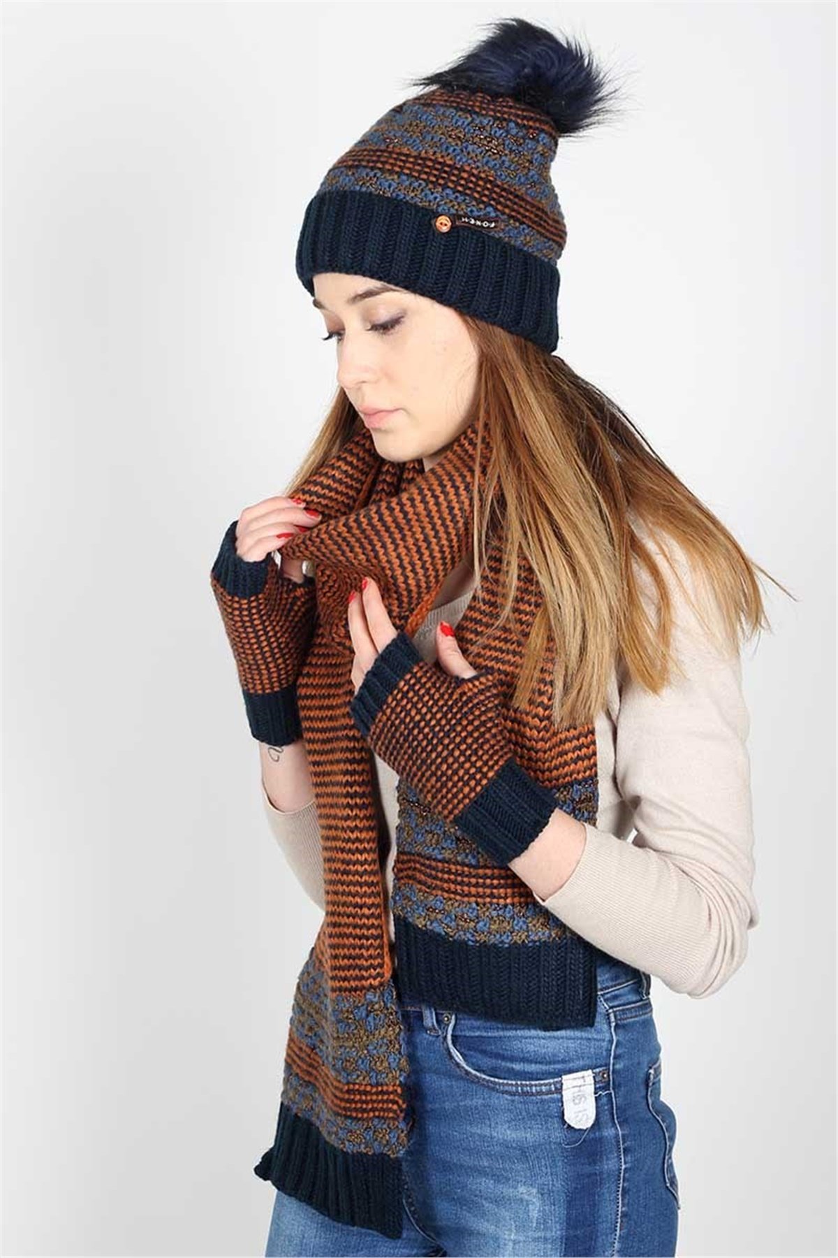 Kadın Lacivert Atkı Bere Eldiven Takımı 3074 - Yakamoz