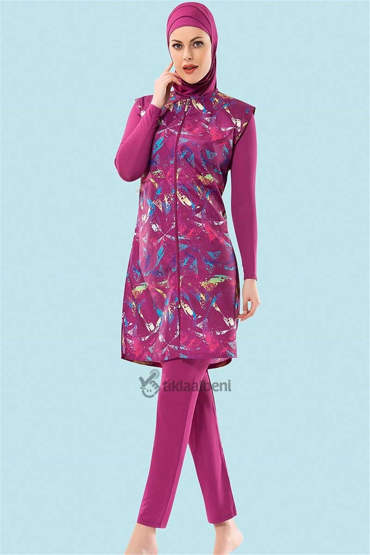 Kapalı Mayo, Yelekli Tesettür Mayo Pastel 70790 Fuşya