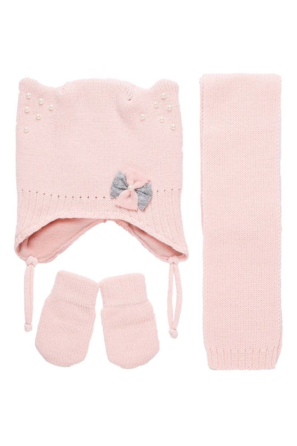Kedi Kulaklı Bebek Atkı Bere Eldiven Takımı - Pudra - K9900