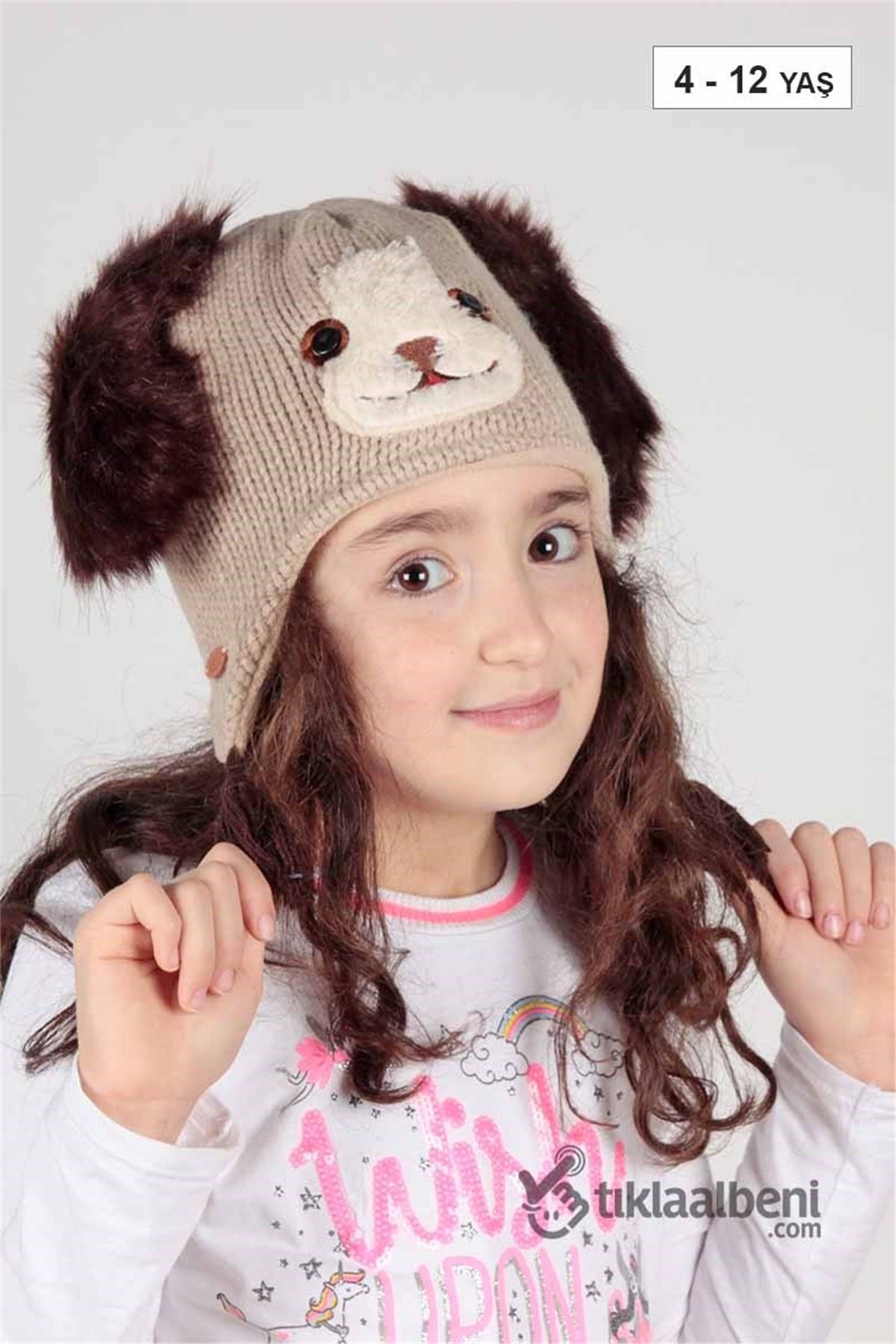 Kitti Kız Çocuk Kulaklı Bere, İçi Polar Çocuk Bere KTY-6814 Bej