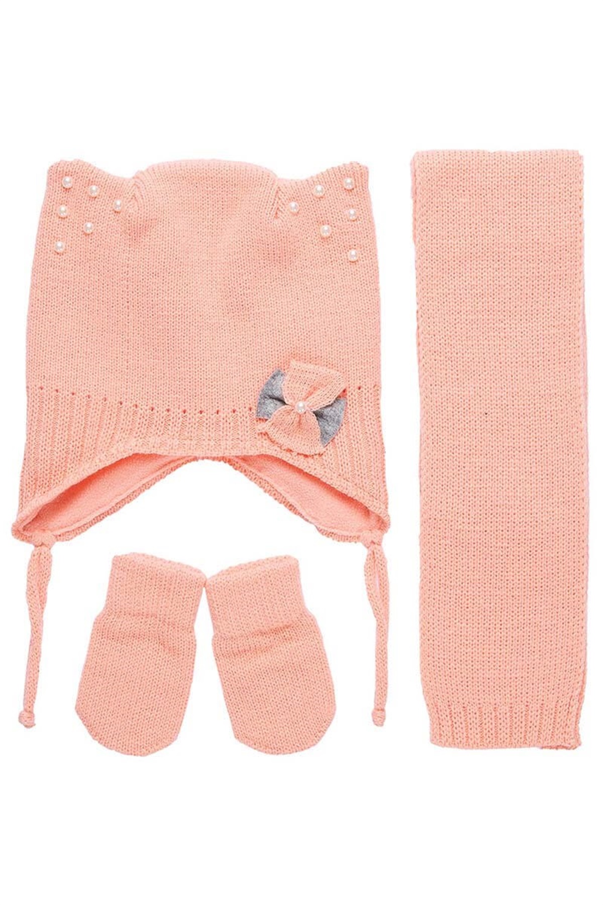 Kız Bebek Atkı Bere Eldiven Takımı - Açık Pembe - K9900